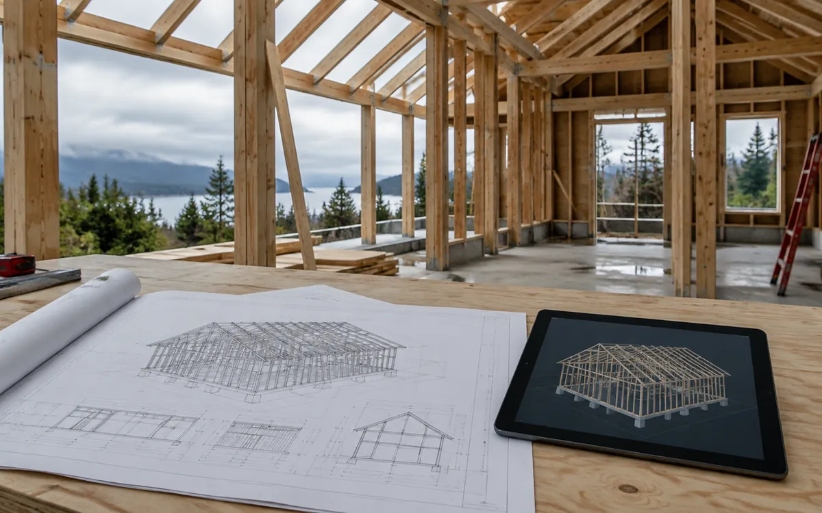 Plano impreso y modelo tridimensional de la misma estructura de madera, sobre una mesa de trabajo en obra