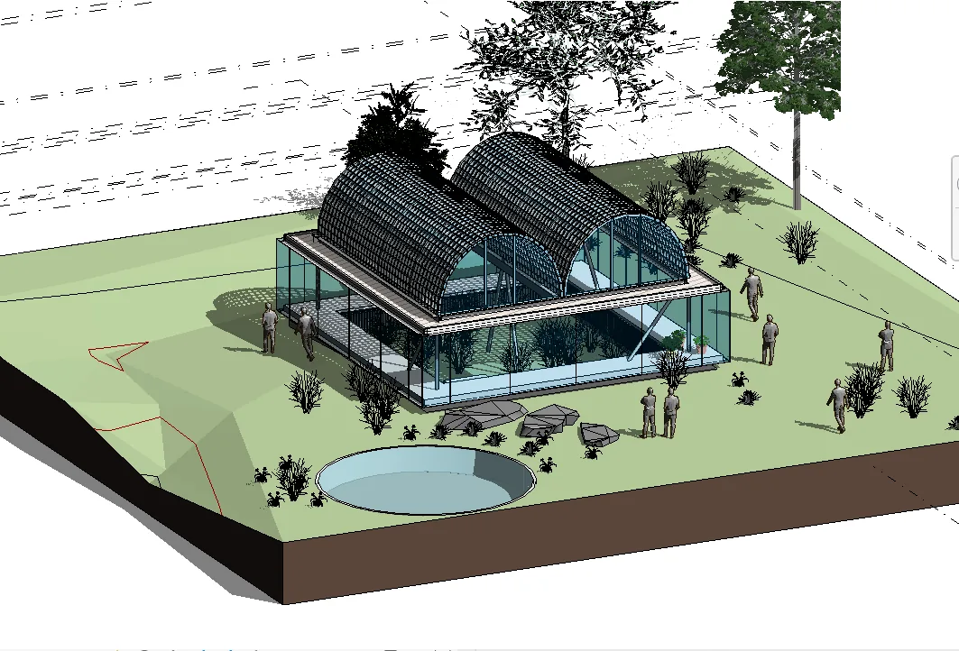 Modelo en Revit de una casa de vidrio con cubiertas curvas