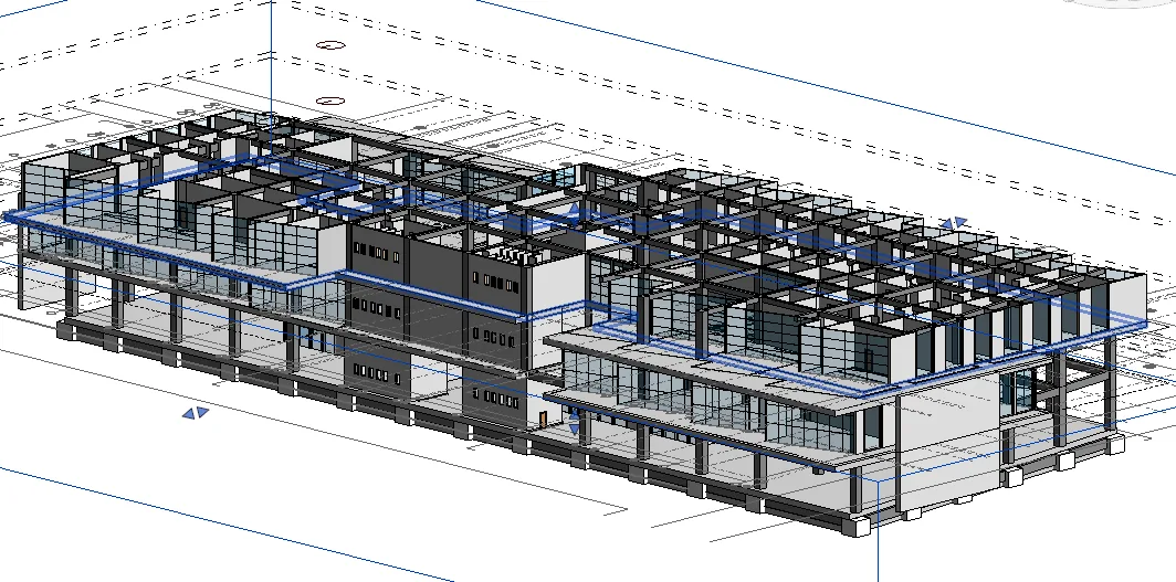 Modelo BIM de un edificio con estructura y muros cortina