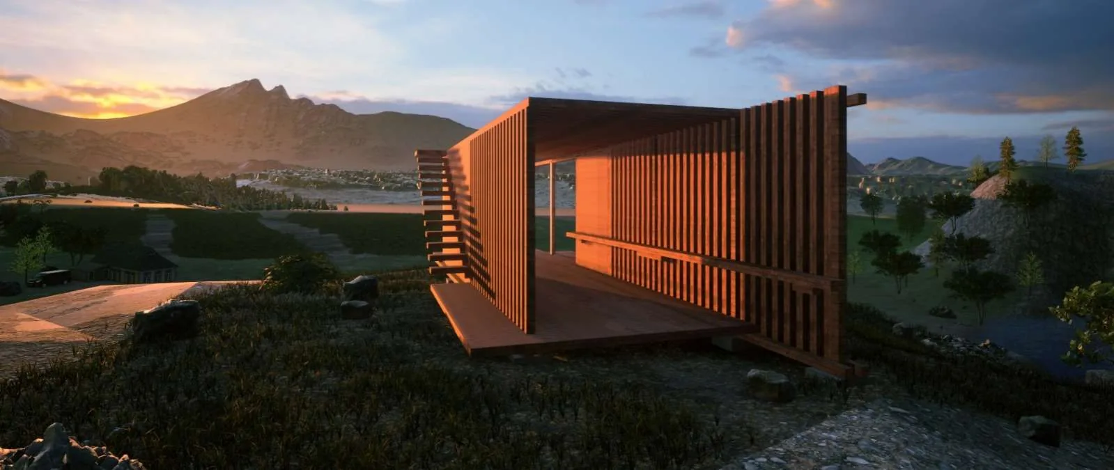 Render al atardecer de una casa de madera desde un modelo BIM