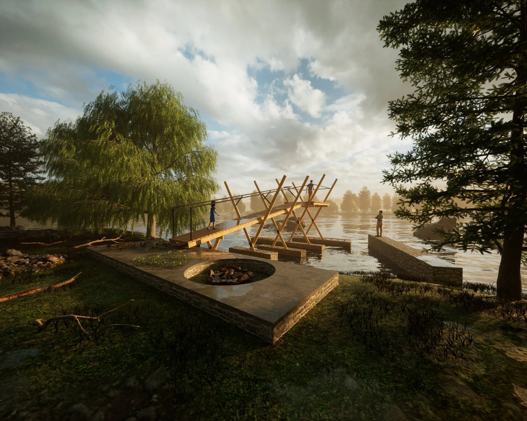 Render de un pabellón de madera junto a un lago desde un modelo de Revit