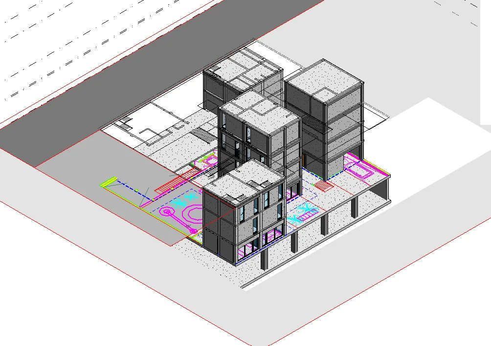 Modelo de arquitectura en Revit de un conjunto de edificios de cuatro pisos