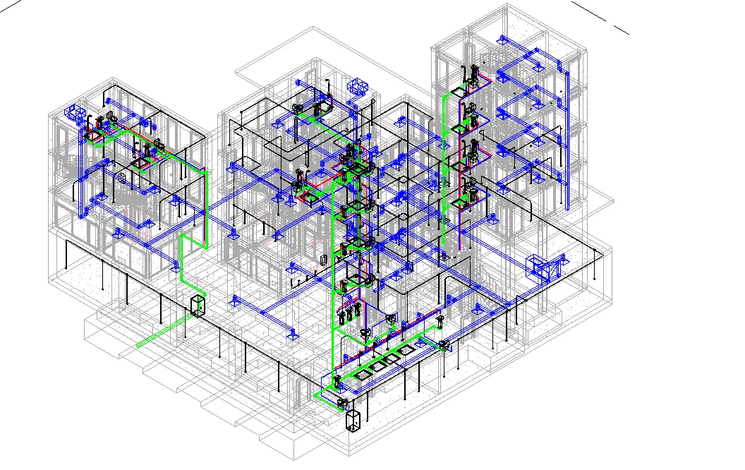 Modelo federado con arquitectura, sanitario y electricidad superpuestos