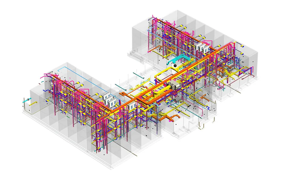 Modelo BIM federado de un edificio con estructura e instalaciones sanitarias, eléctricas y de climatización coordinadas en Revit