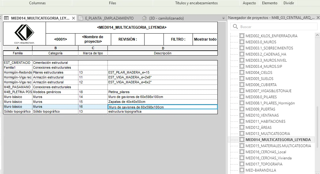 Tabla multicategoría de Revit con el logo de CCP Arquitectura