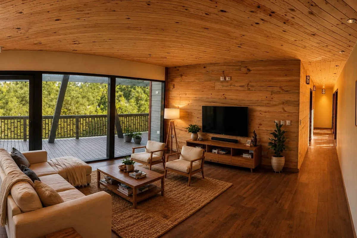 Balcón del Peral en Curepto: living revestido en madera con ventanal a la terraza, obra de CCP Arquitectura