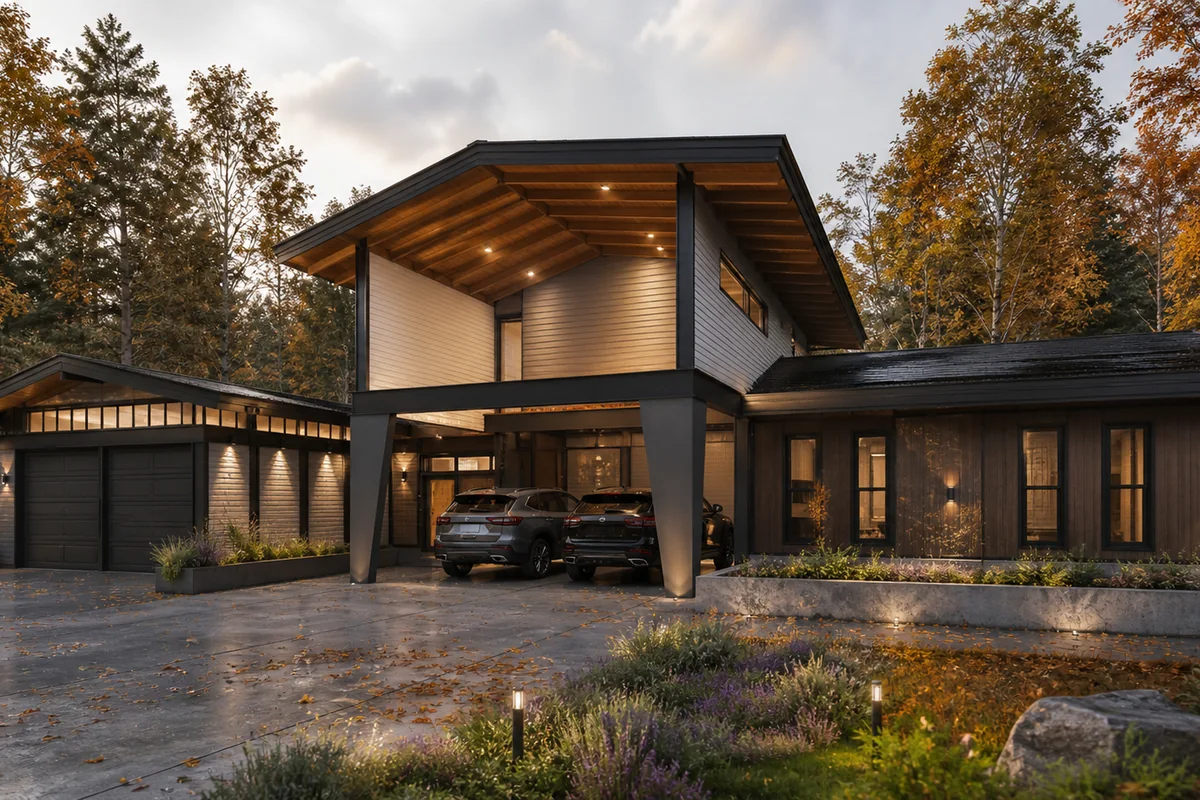 Casa Bariloche en Curepto: fachada de acceso al atardecer con estacionamiento cubierto, obra de CCP Arquitectura