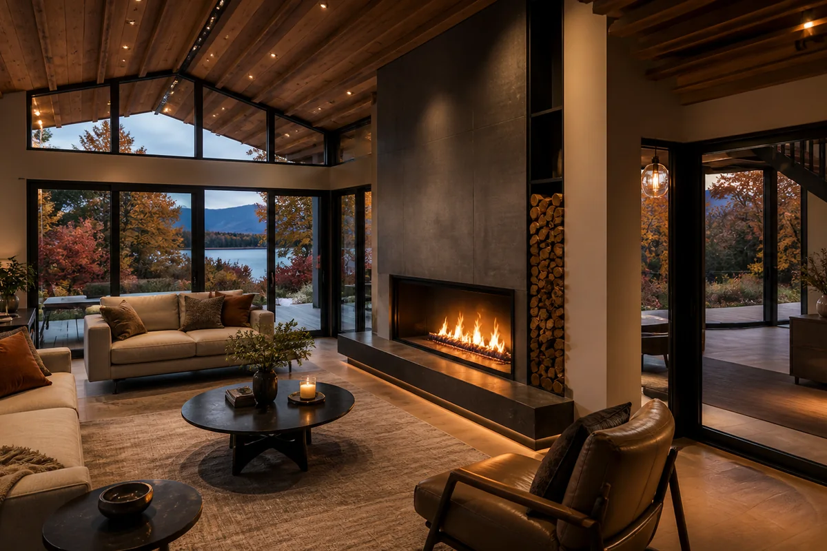 Casa Bariloche en Curepto: living con chimenea a gas y ventanal al lago, obra de CCP Arquitectura
