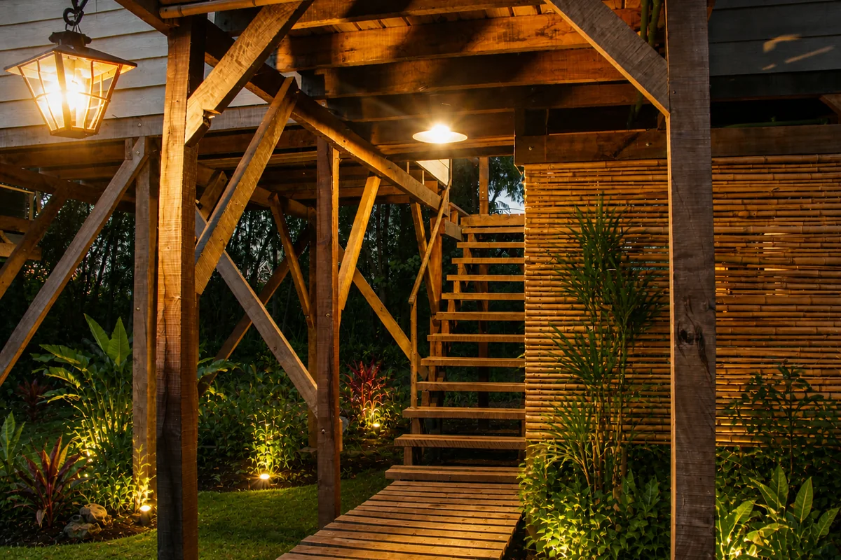Cabaña Asia: estructura de pilotes y escalera de acceso iluminada de noche