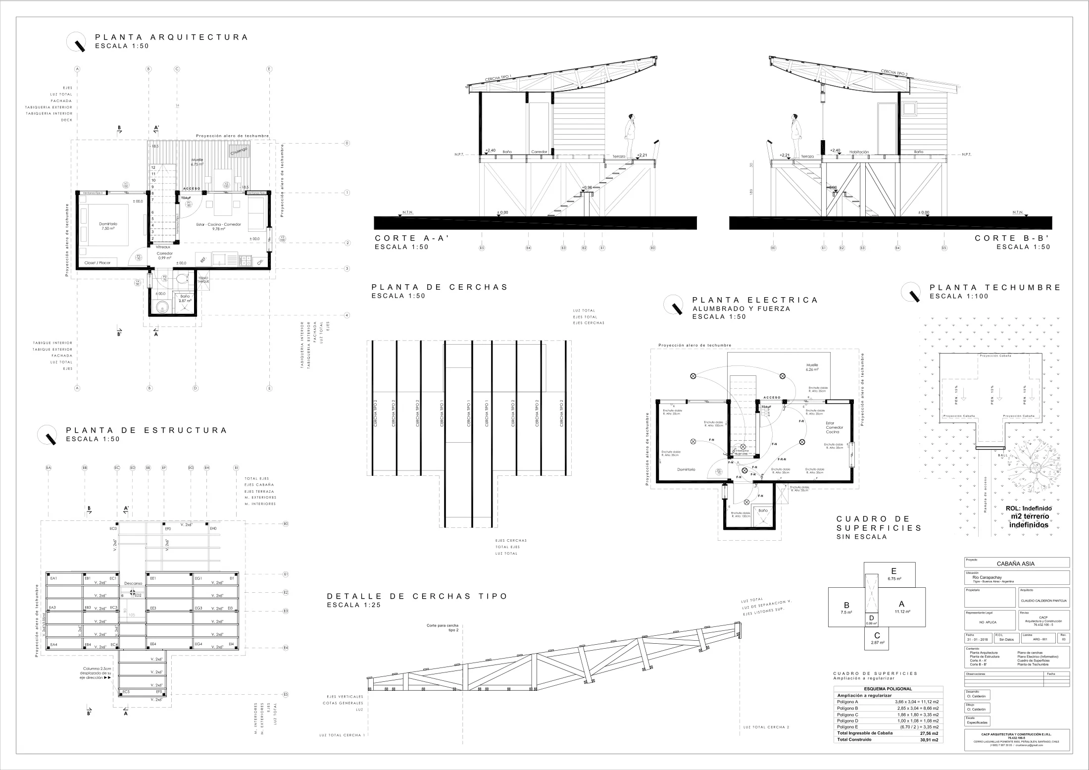 Cabaña Asia: planimetría 1, dibujo de proyecto sin cotas de CCP Arquitectura