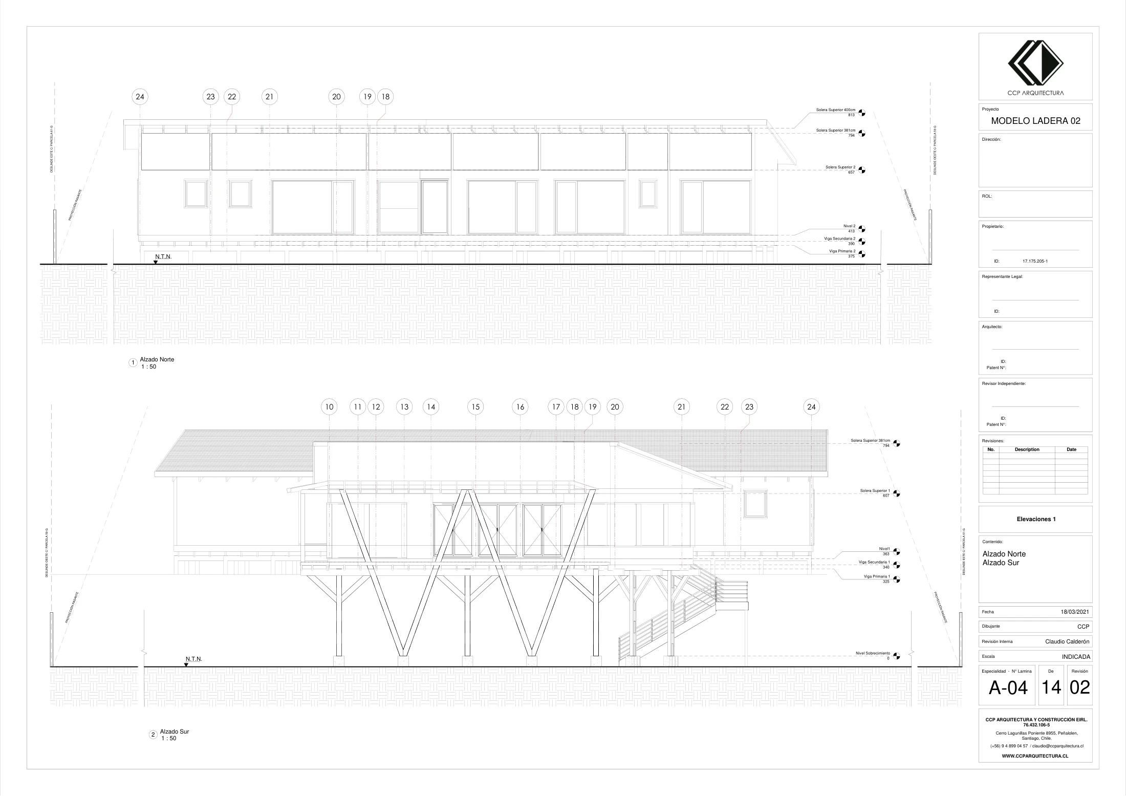 Casa Alta: elevaciones 1, dibujo de proyecto sin cotas de CCP Arquitectura