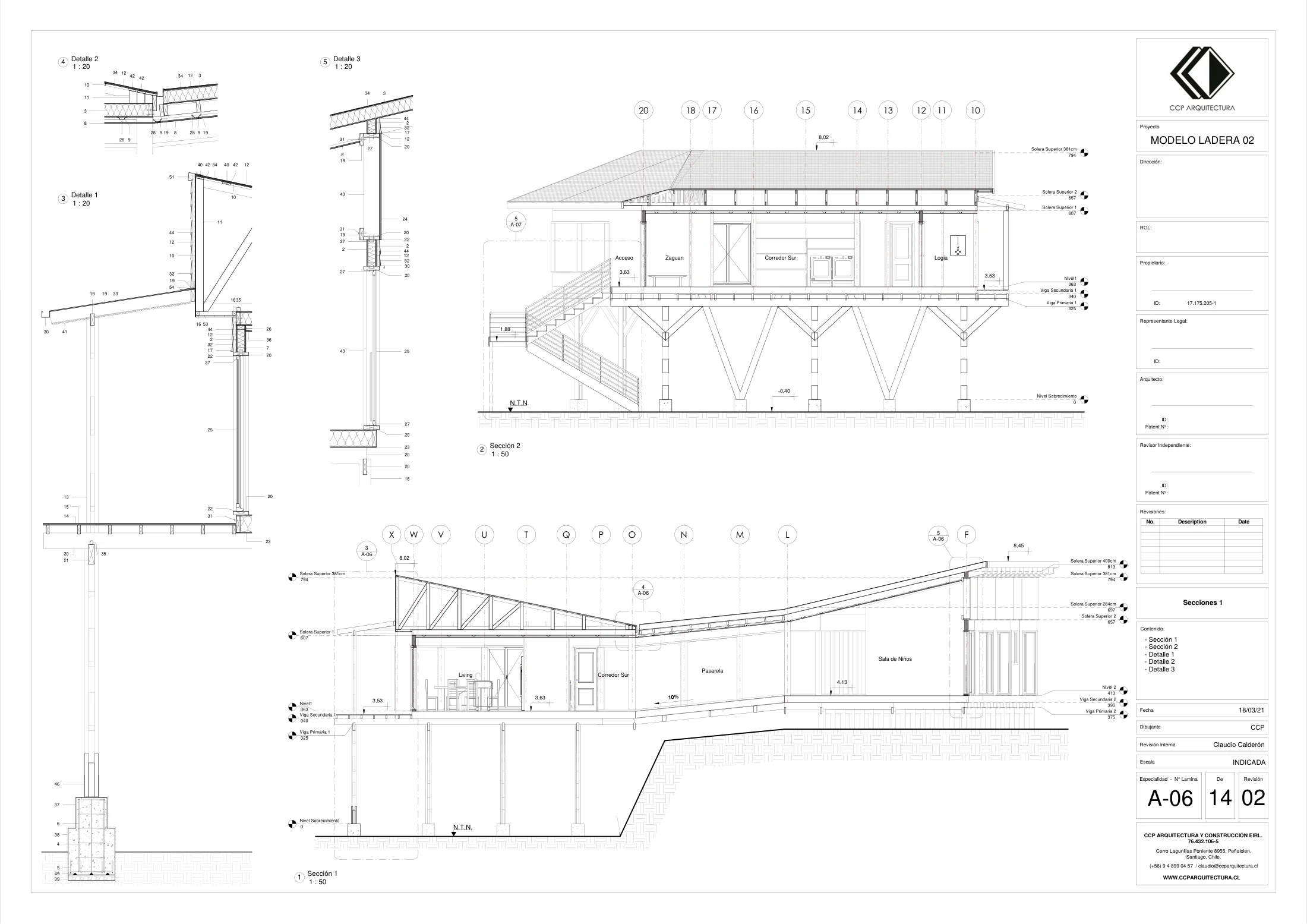 Casa Alta: cortes 1, dibujo de proyecto sin cotas de CCP Arquitectura