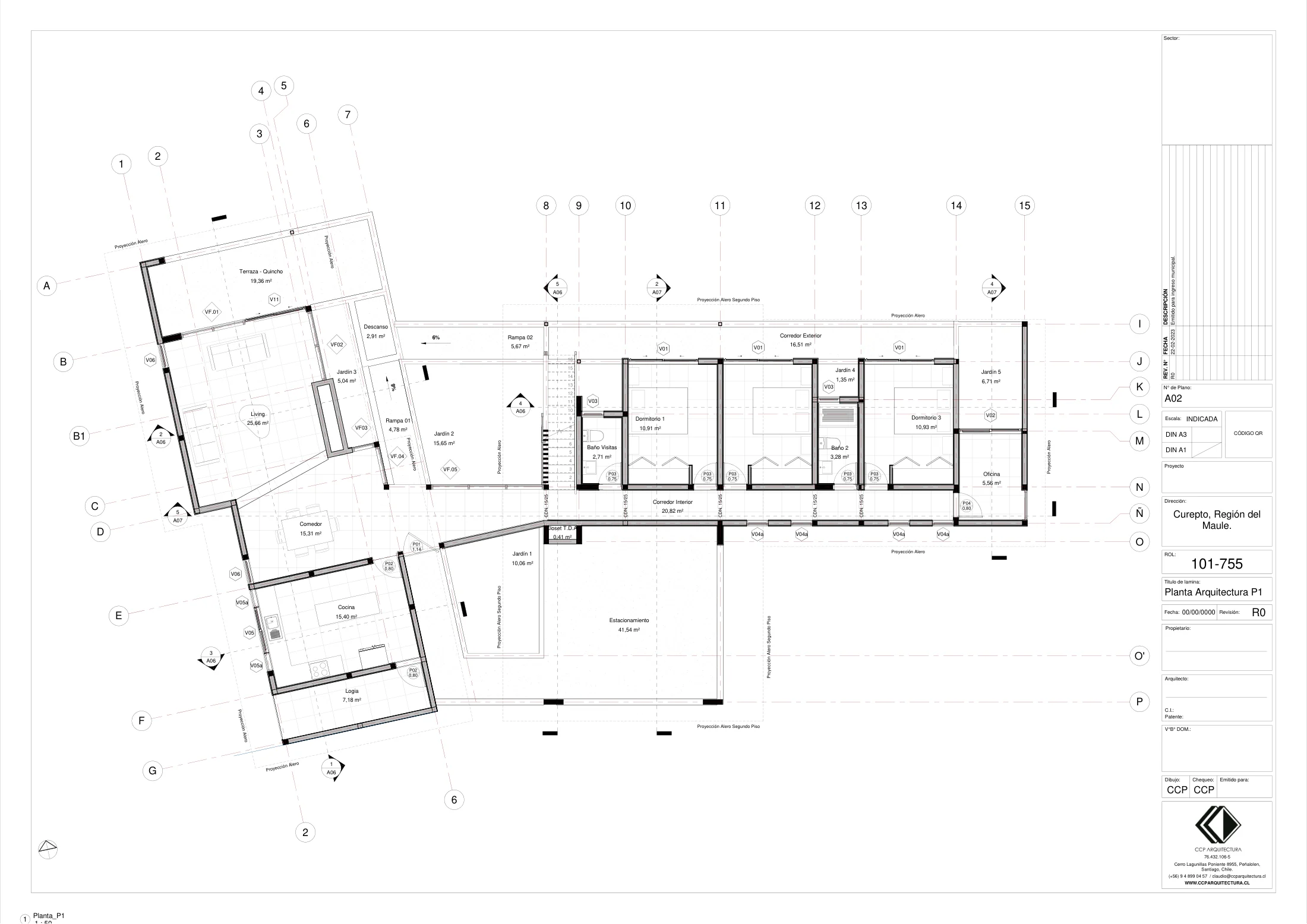 Casa Bariloche: planta primer piso, dibujo de proyecto sin cotas de CCP Arquitectura