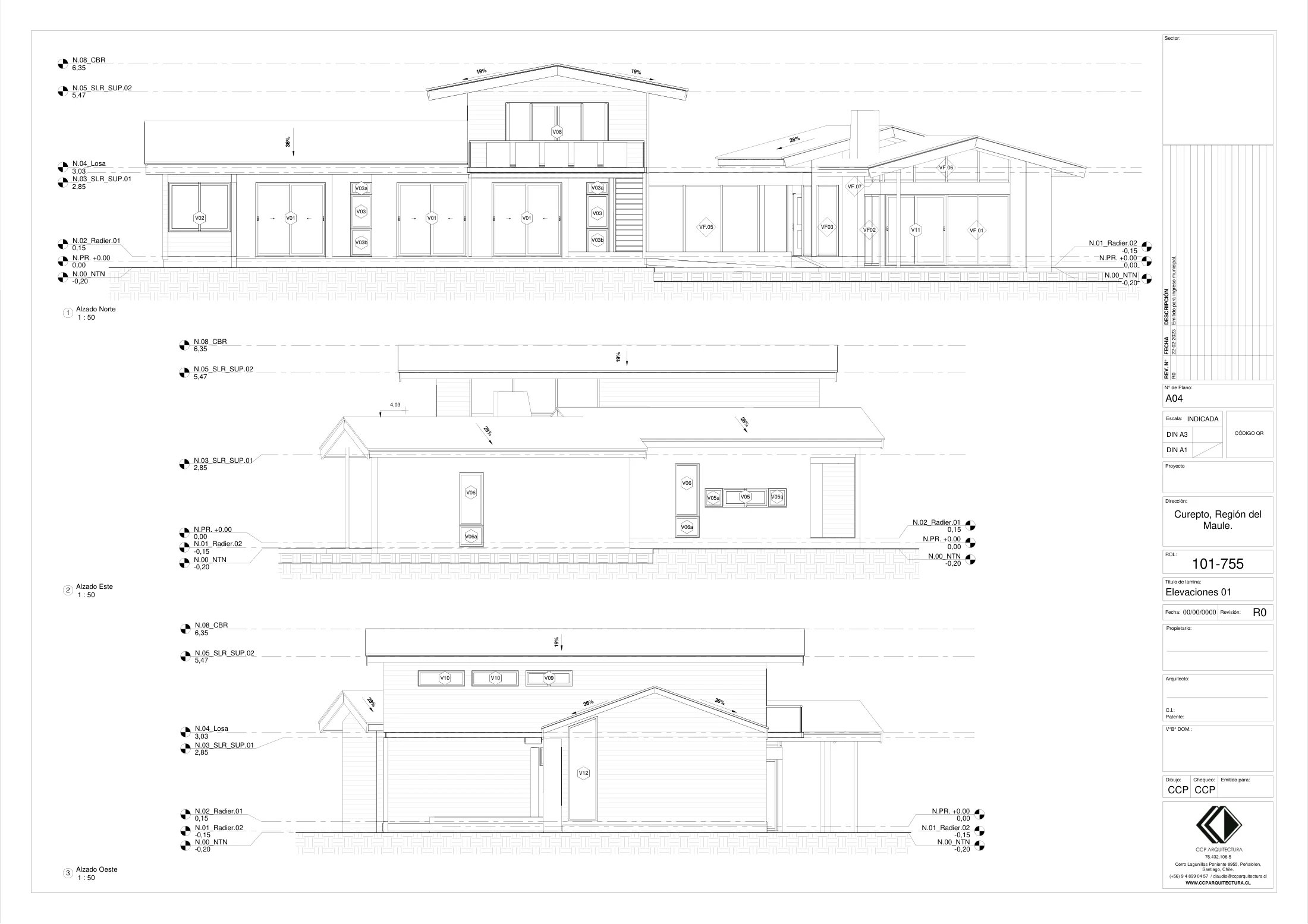 Casa Bariloche: elevaciones 1, dibujo de proyecto sin cotas de CCP Arquitectura