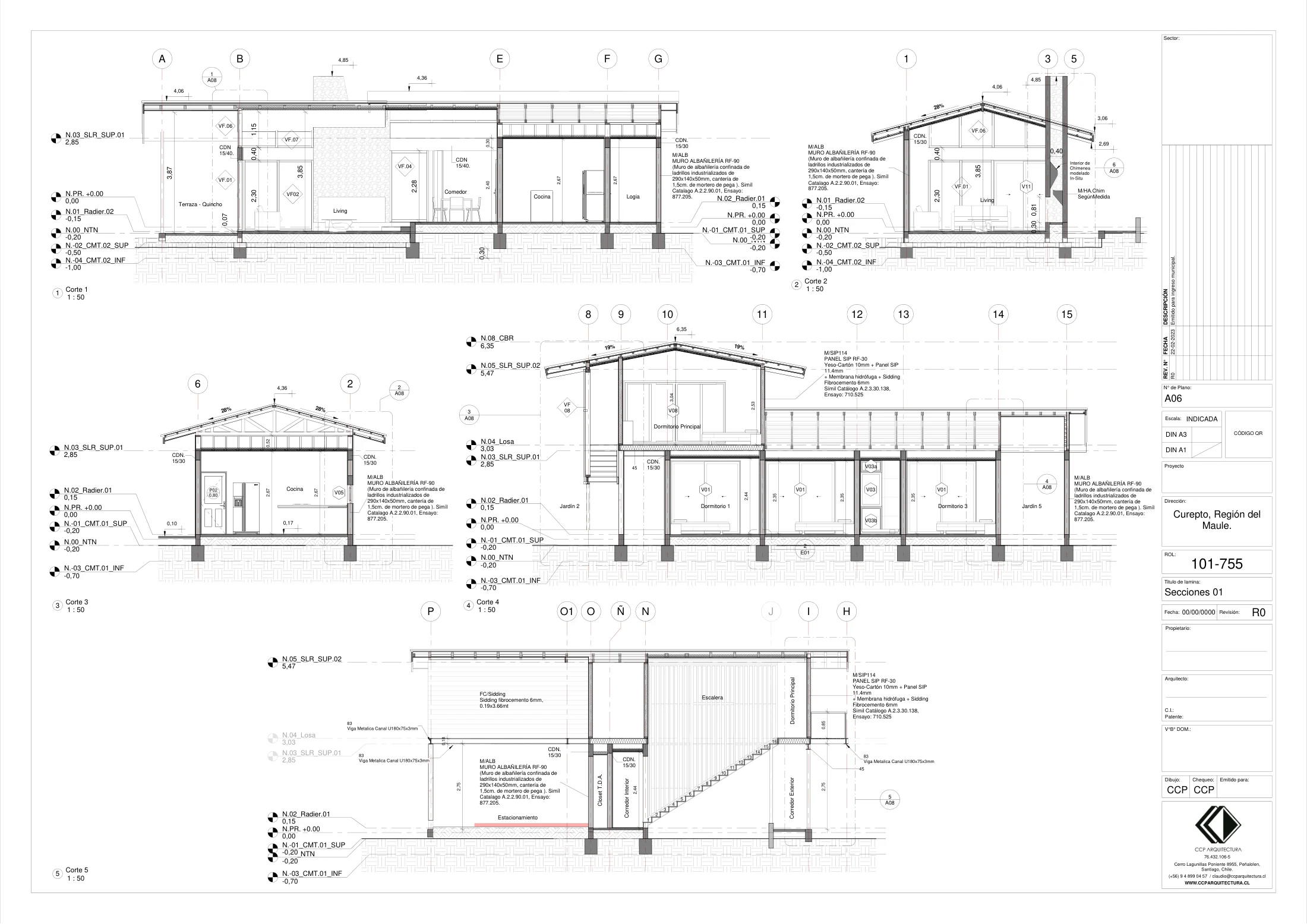 Casa Bariloche: cortes 1, dibujo de proyecto sin cotas de CCP Arquitectura