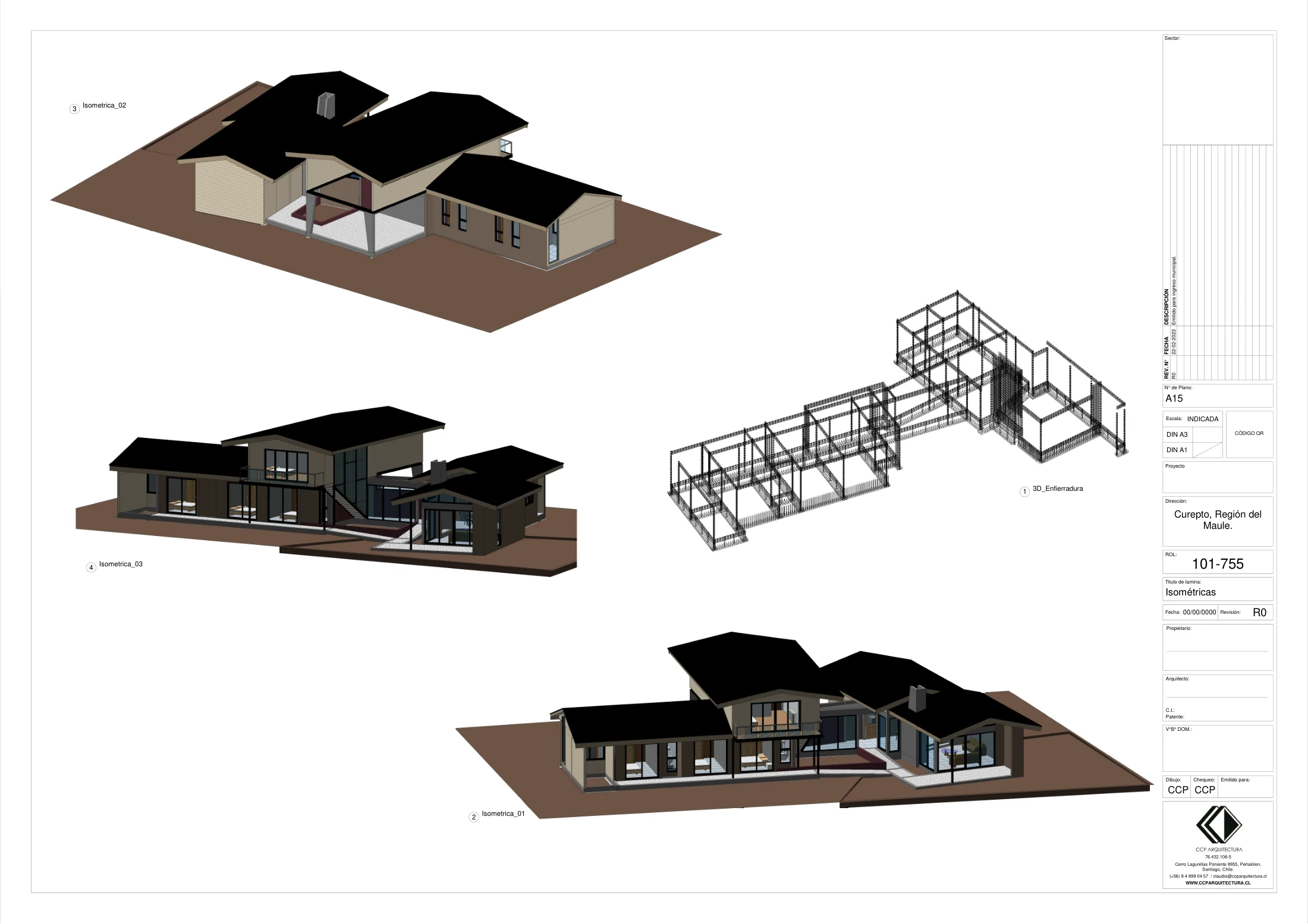 Casa Bariloche: isométricas, dibujo de proyecto sin cotas de CCP Arquitectura