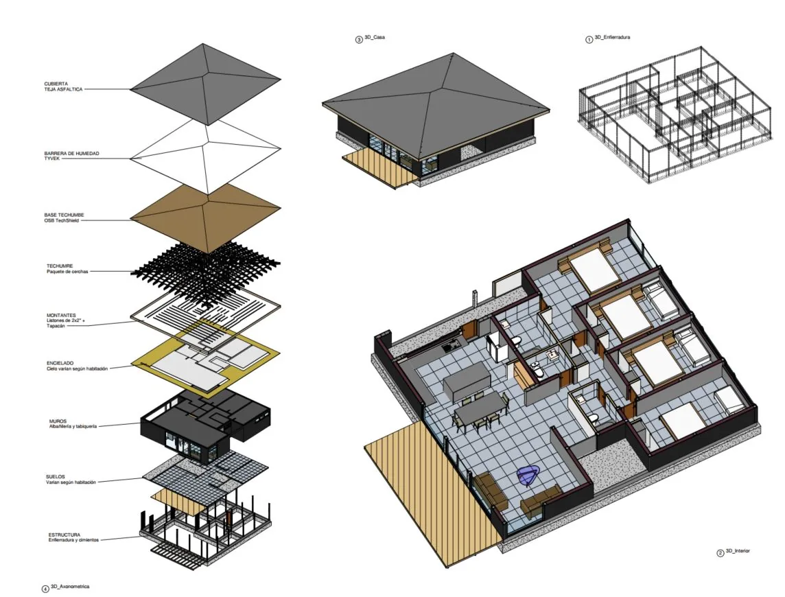 Casa Cordillera: axonometría del proyecto, dibujo de CCP Arquitectura en Curepto