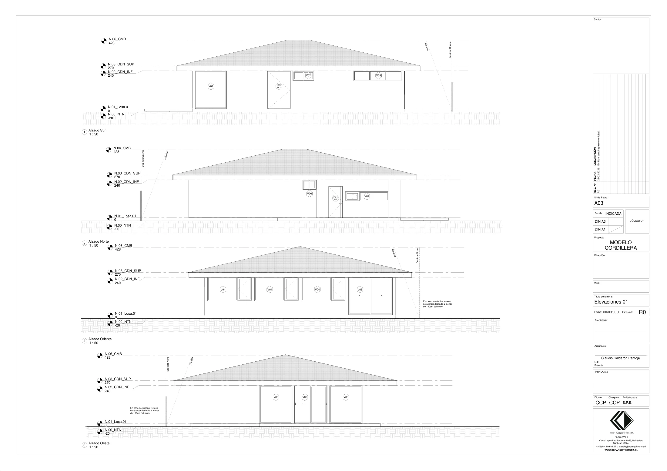 Casa Cordillera: elevaciones, dibujo de proyecto sin cotas de CCP Arquitectura