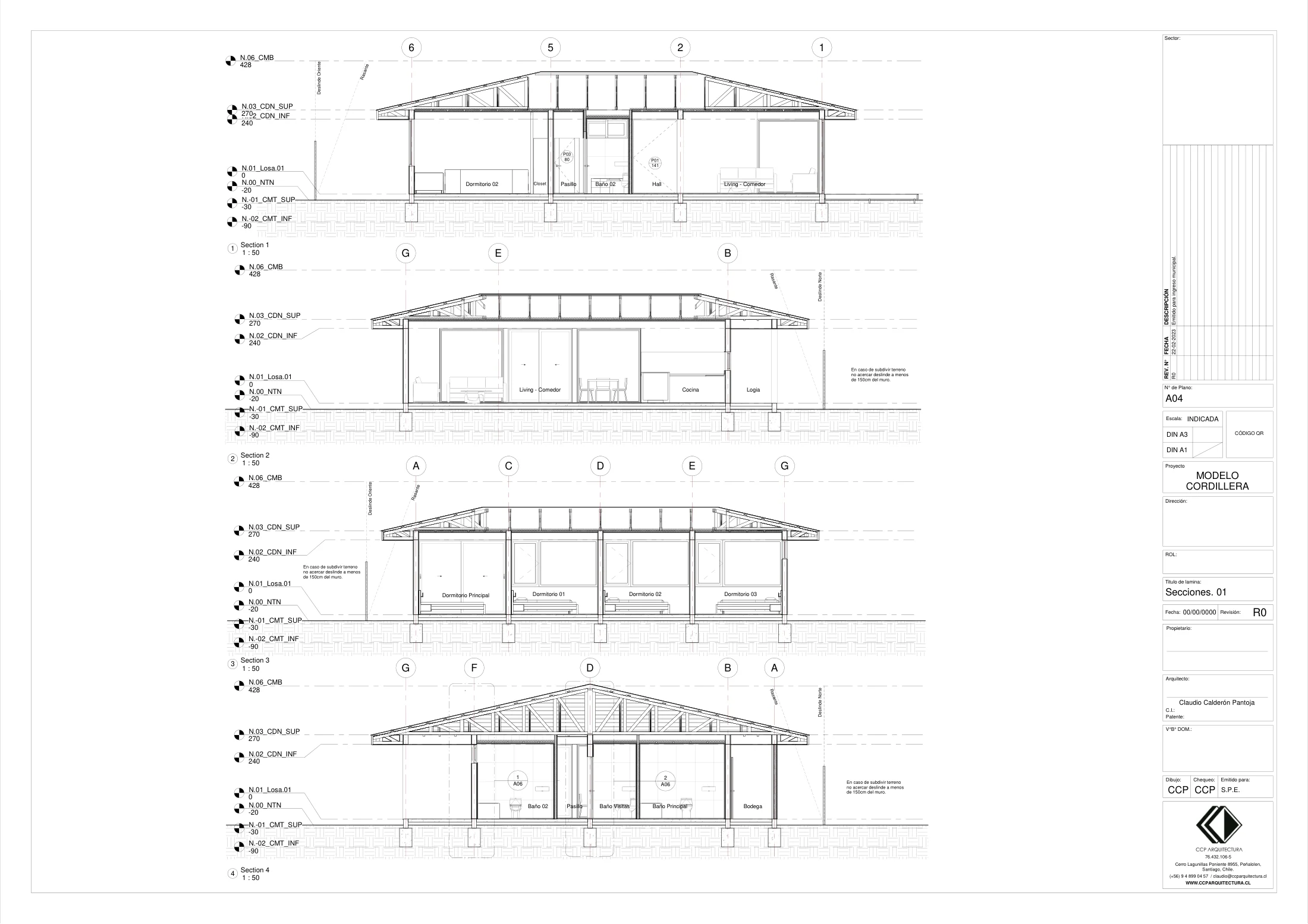 Casa Cordillera: cortes 1, dibujo de proyecto sin cotas de CCP Arquitectura