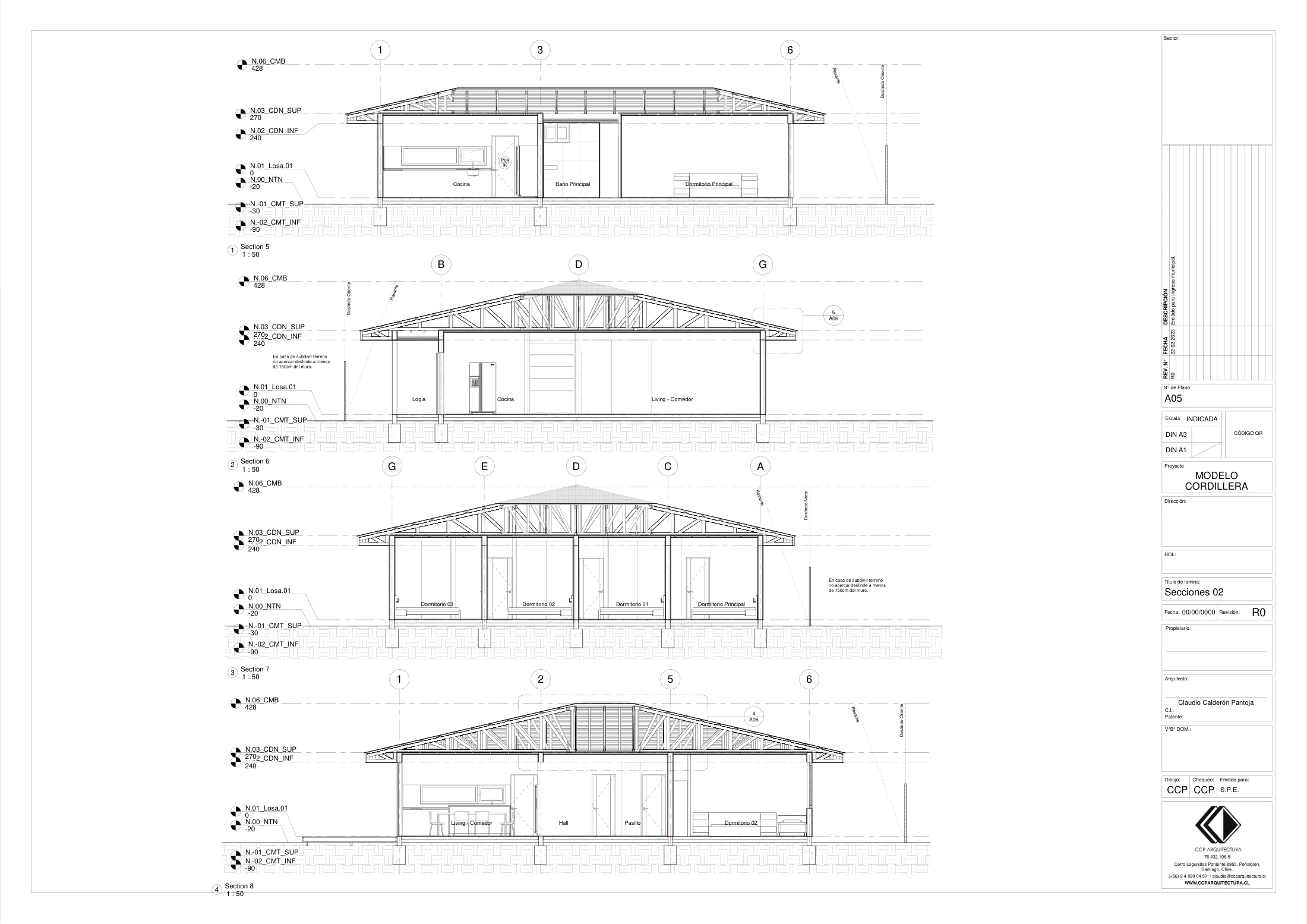 Casa Cordillera: cortes 2, dibujo de proyecto sin cotas de CCP Arquitectura