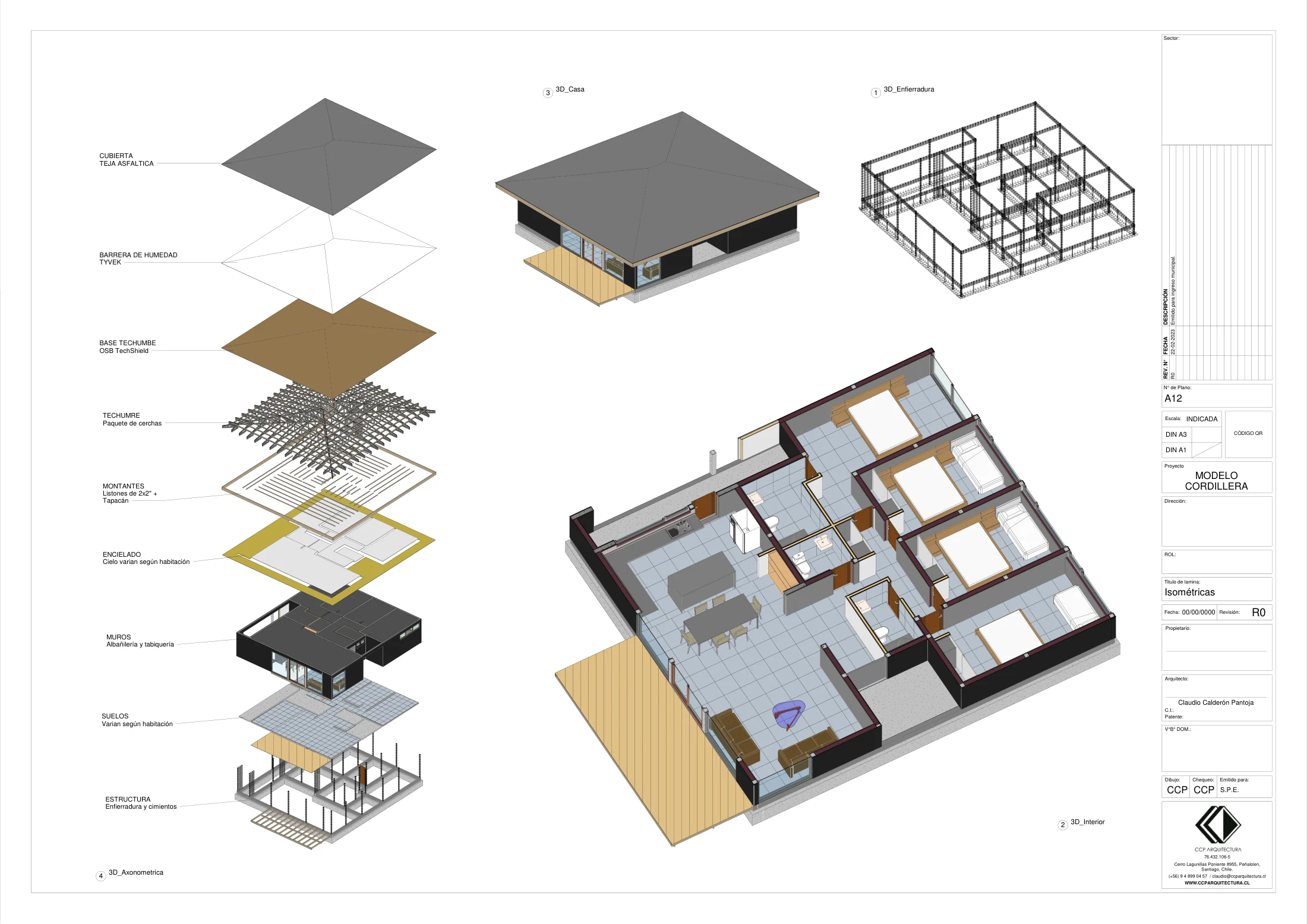 Casa Cordillera: isométricas, dibujo de proyecto sin cotas de CCP Arquitectura