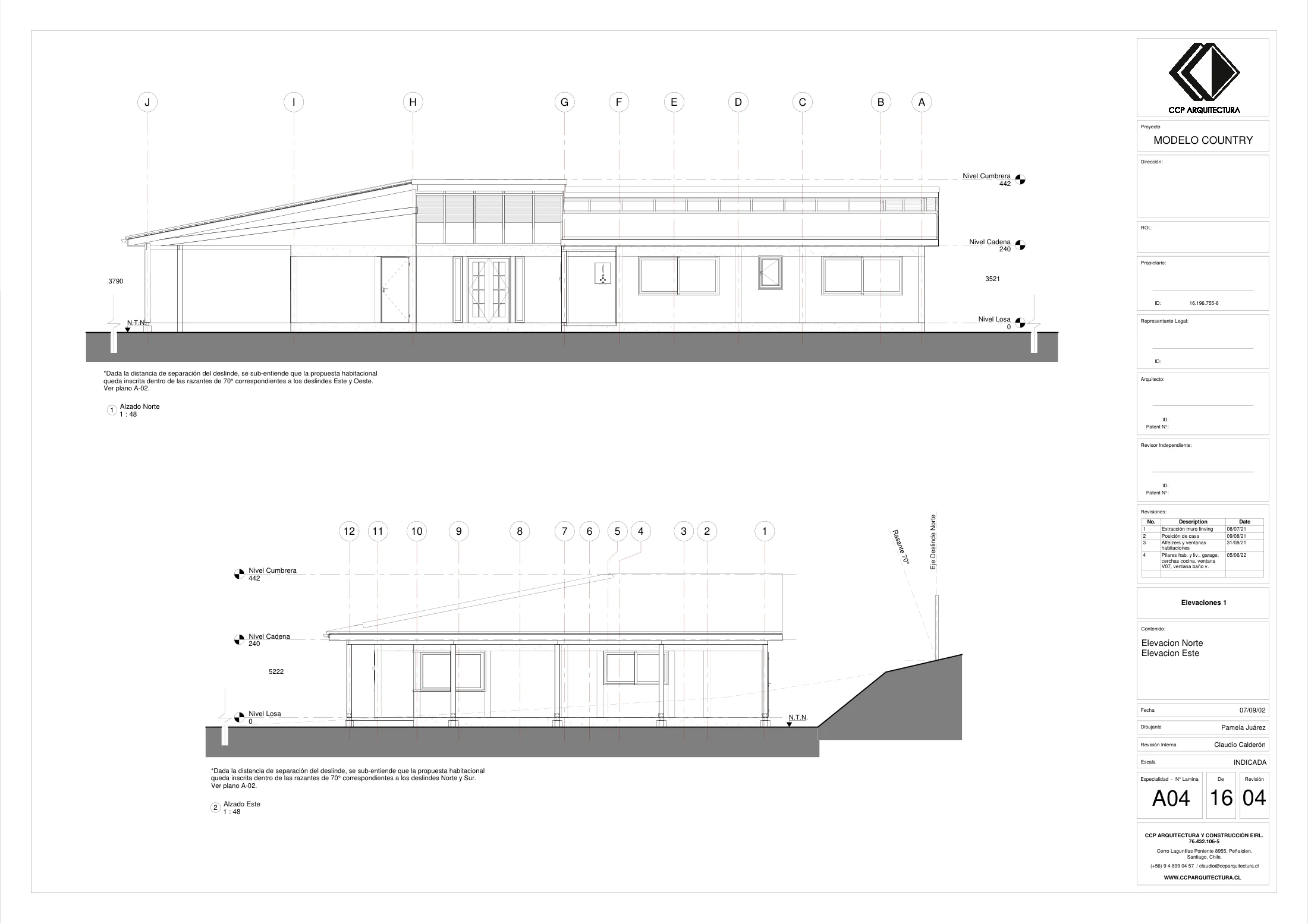 Casa Curepto: elevaciones 1, dibujo de proyecto sin cotas de CCP Arquitectura
