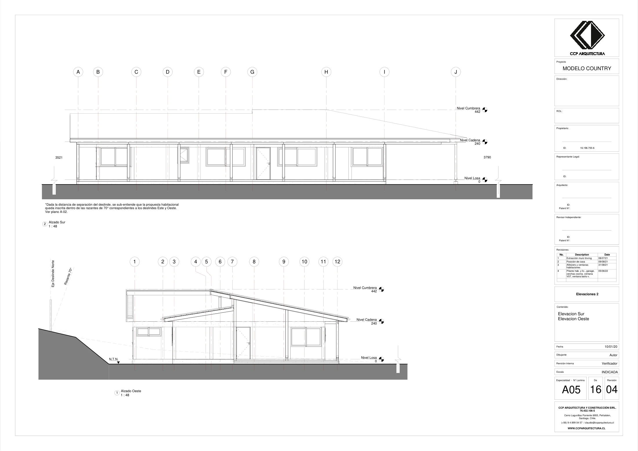 Casa Curepto: elevaciones 2, dibujo de proyecto sin cotas de CCP Arquitectura