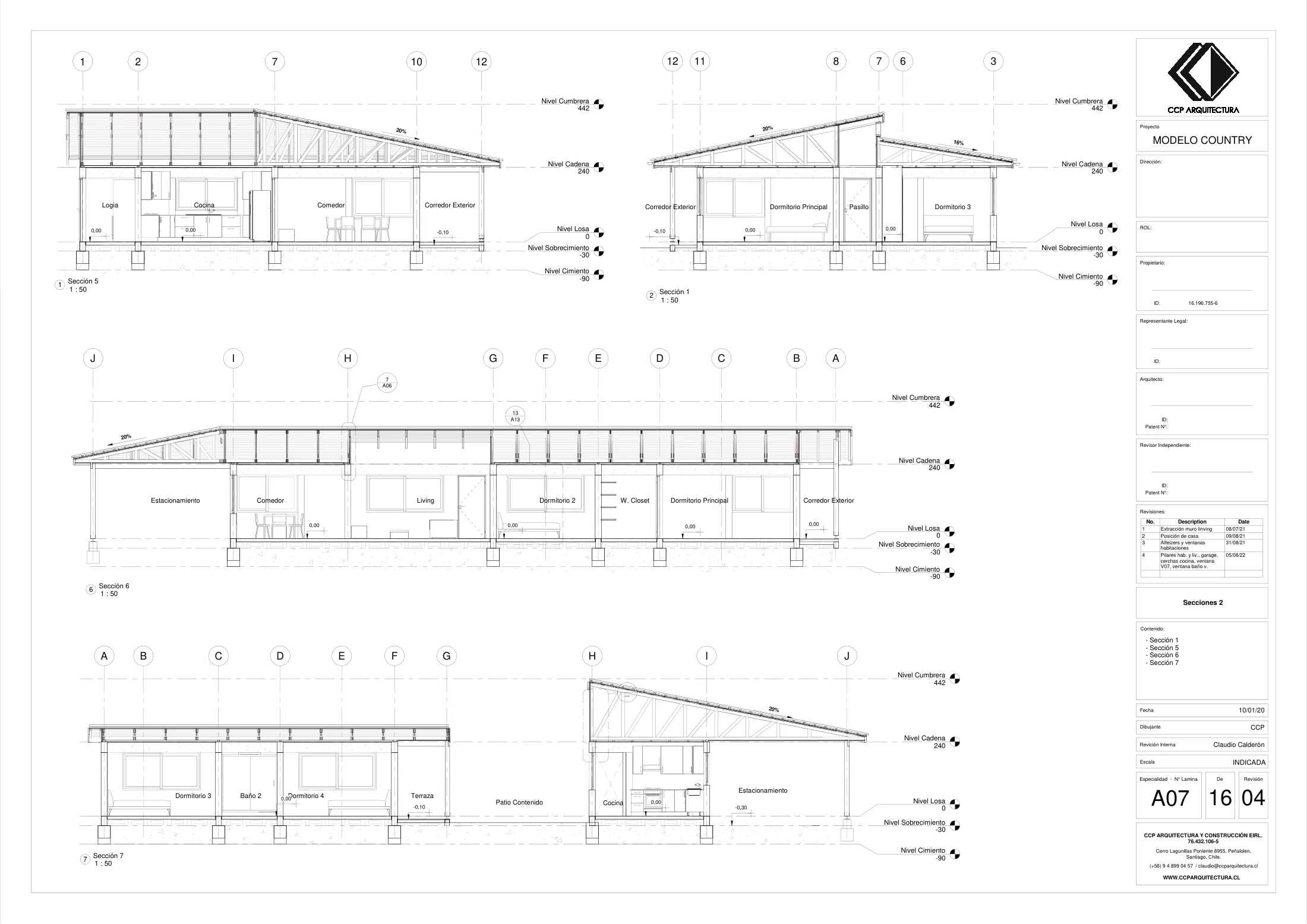 Casa Curepto: cortes 2, dibujo de proyecto sin cotas de CCP Arquitectura