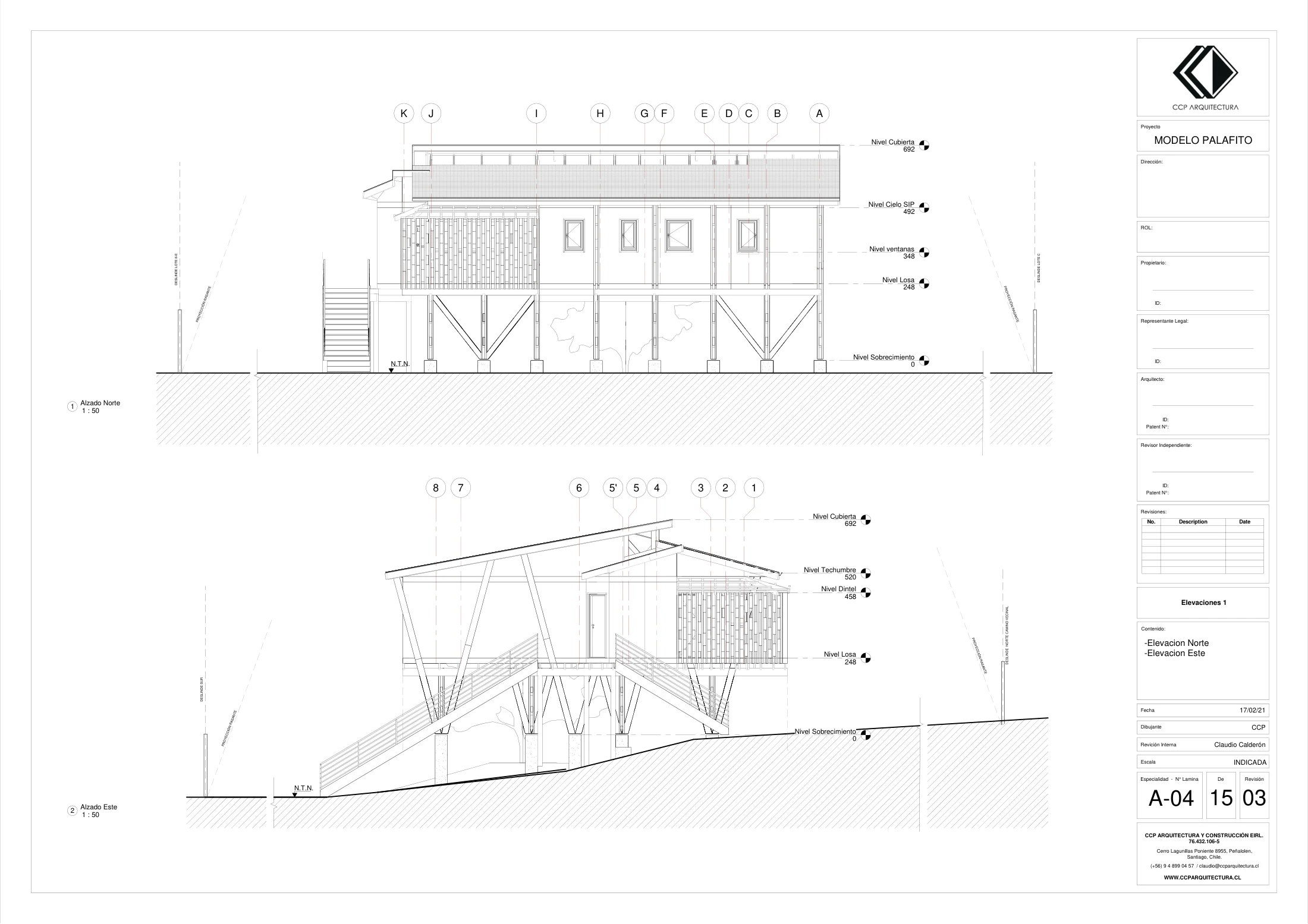 Casa Espino: elevaciones 1, dibujo de proyecto sin cotas de CCP Arquitectura