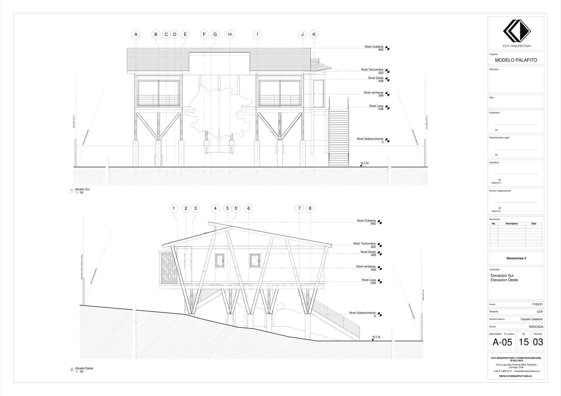 Casa Espino: elevaciones 2, dibujo de proyecto sin cotas de CCP Arquitectura