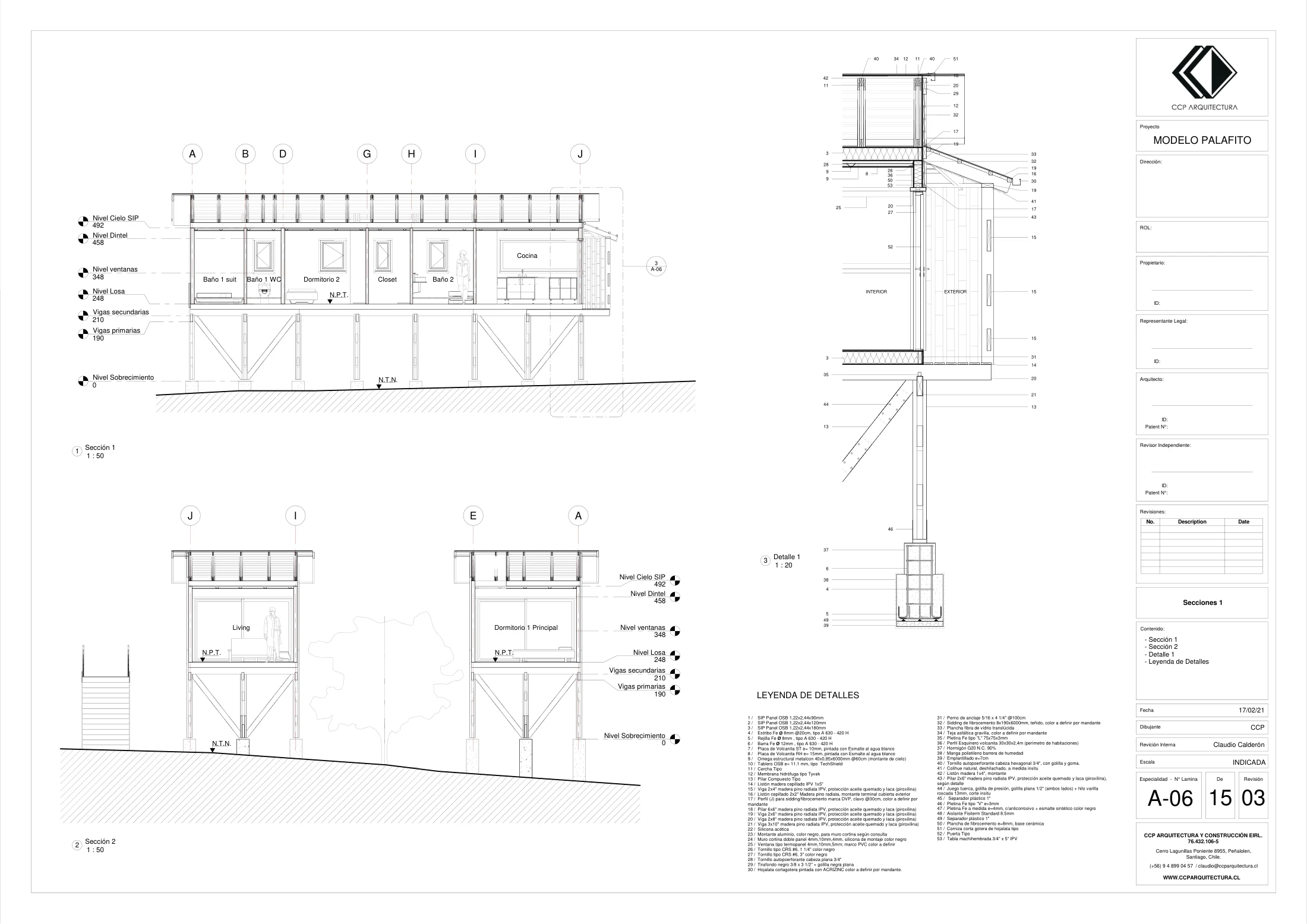 Casa Espino: cortes 1, dibujo de proyecto sin cotas de CCP Arquitectura