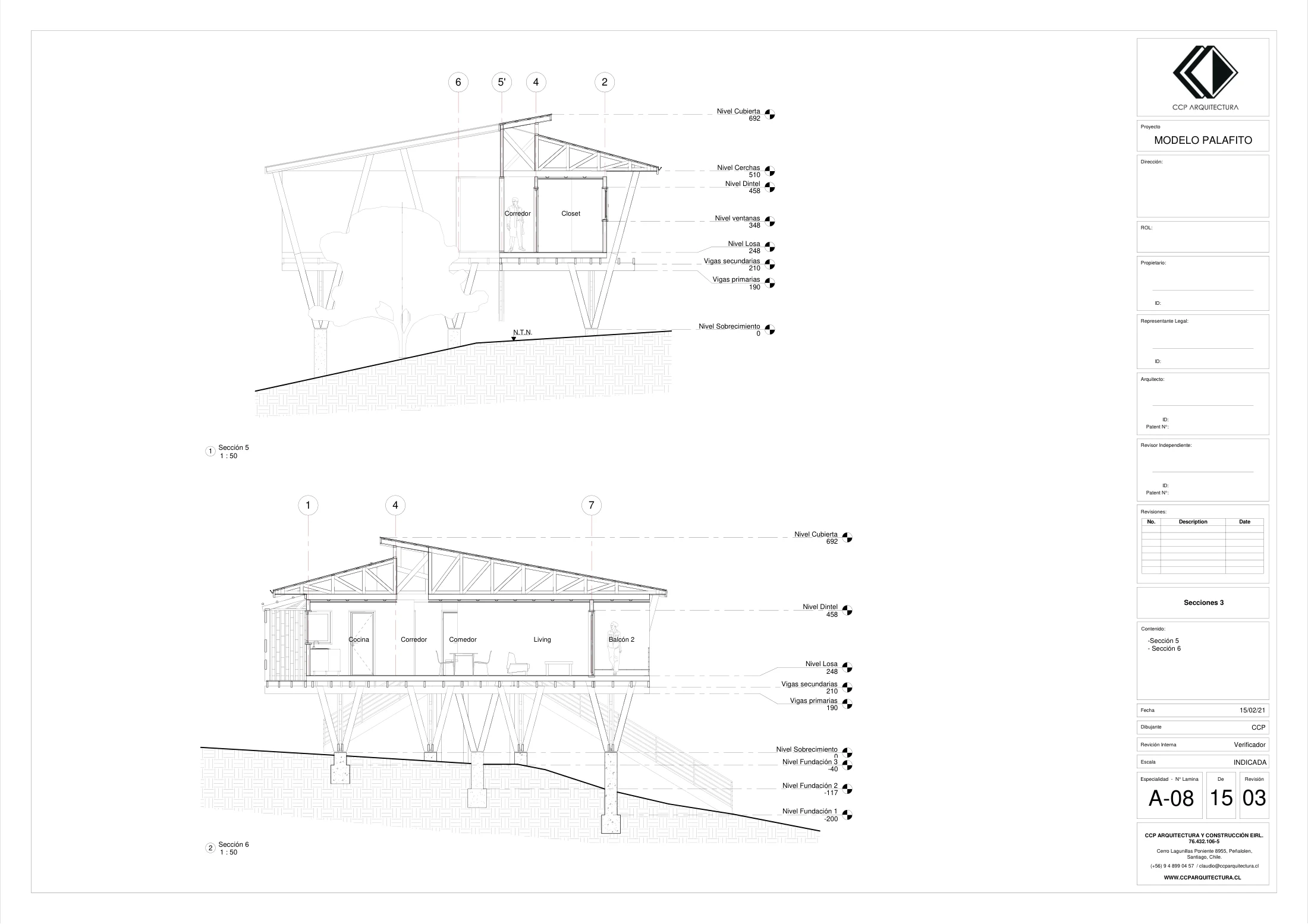 Casa Espino: cortes 3, dibujo de proyecto sin cotas de CCP Arquitectura