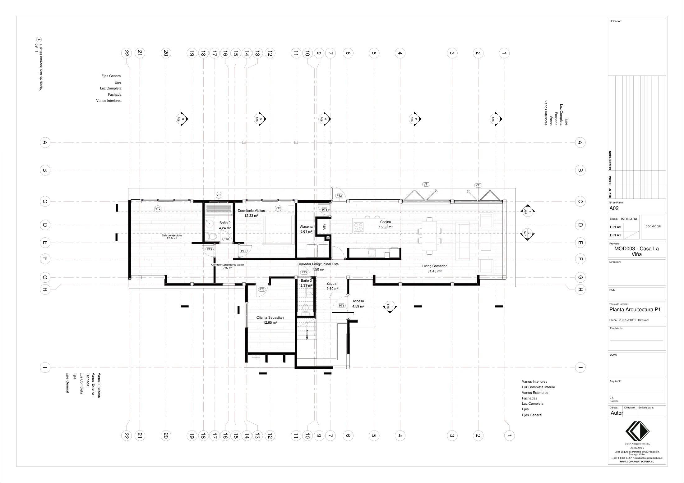 Casa La Viña: planta primer piso, dibujo de proyecto sin cotas de CCP Arquitectura