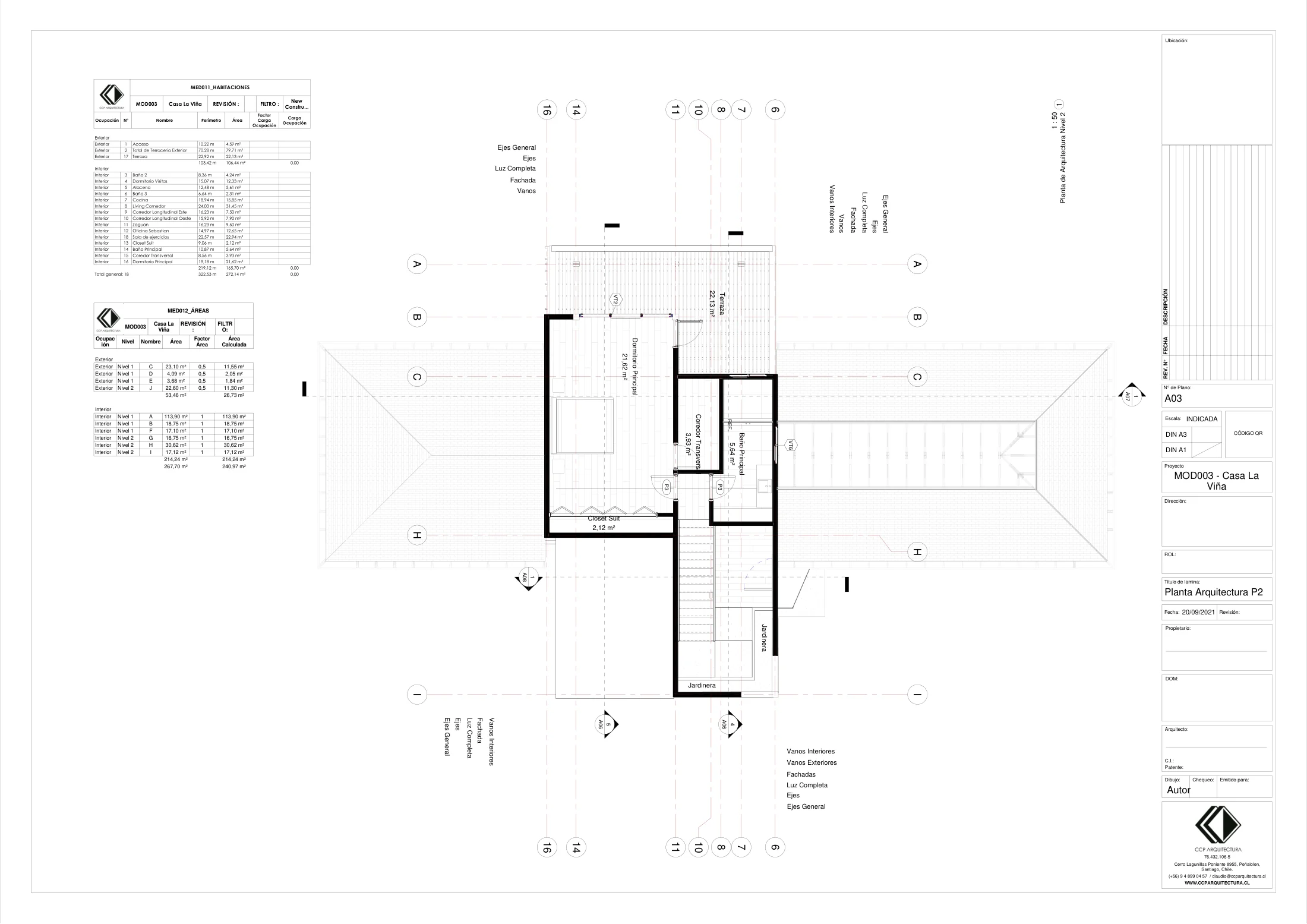 Casa La Viña: planta segundo piso, dibujo de proyecto sin cotas de CCP Arquitectura