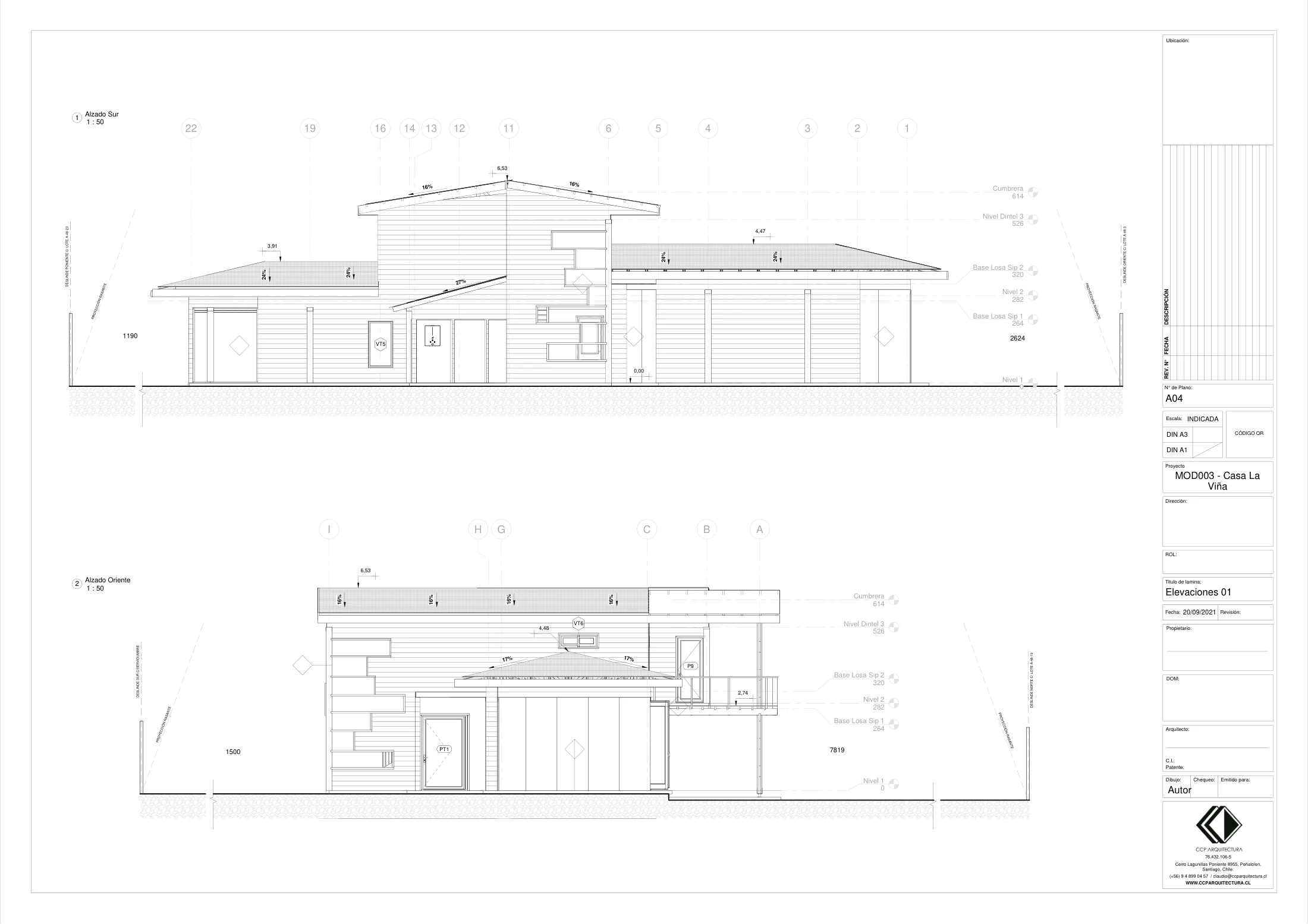 Casa La Viña: elevaciones 1, dibujo de proyecto sin cotas de CCP Arquitectura