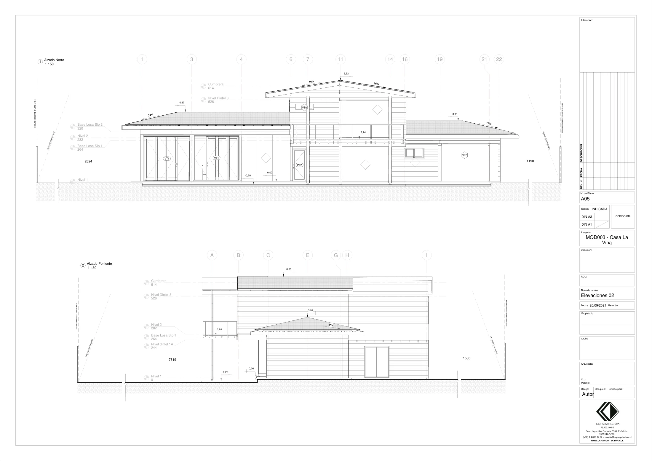 Casa La Viña: elevaciones 2, dibujo de proyecto sin cotas de CCP Arquitectura