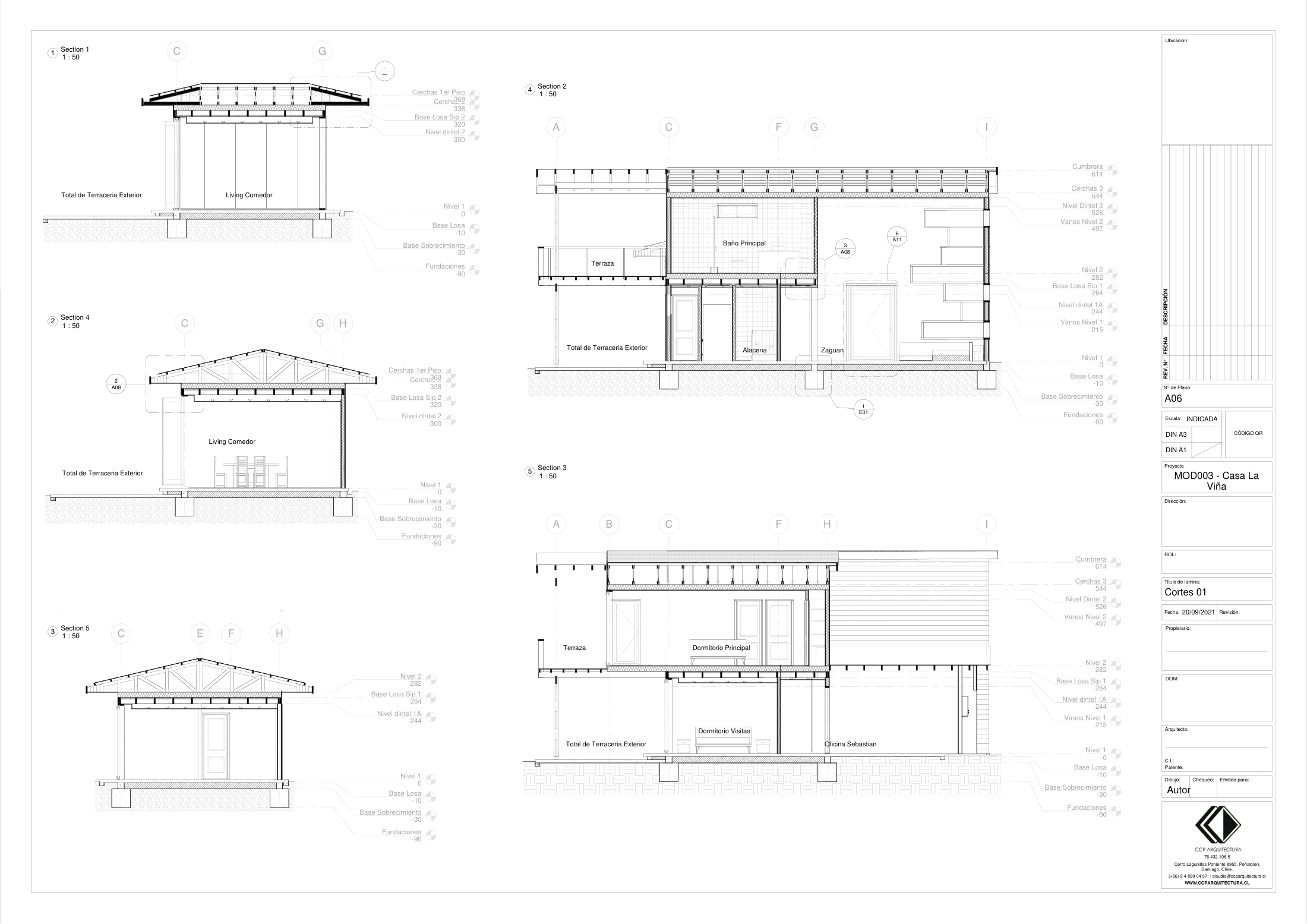 Casa La Viña: cortes 1, dibujo de proyecto sin cotas de CCP Arquitectura