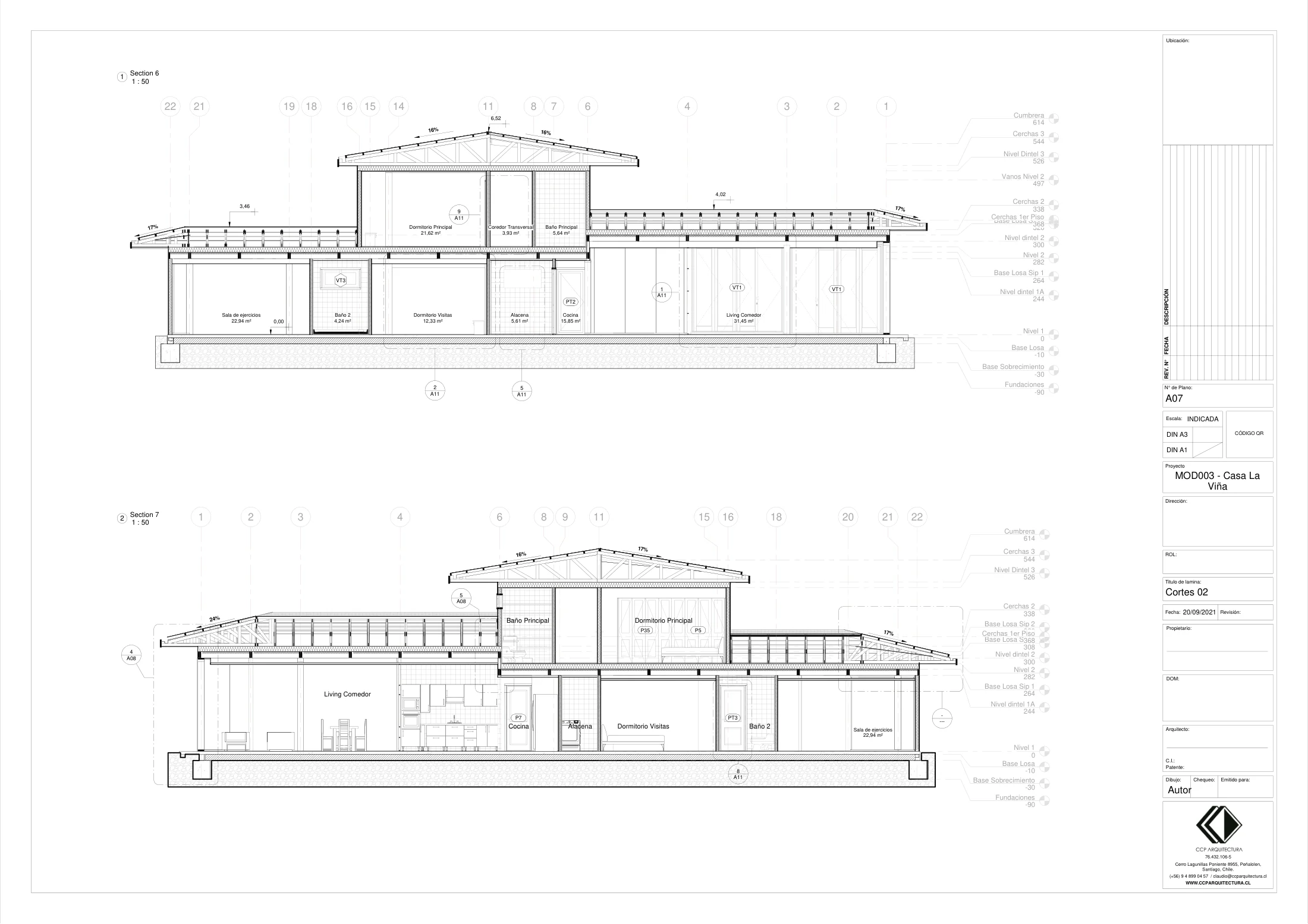 Casa La Viña: cortes 2, dibujo de proyecto sin cotas de CCP Arquitectura