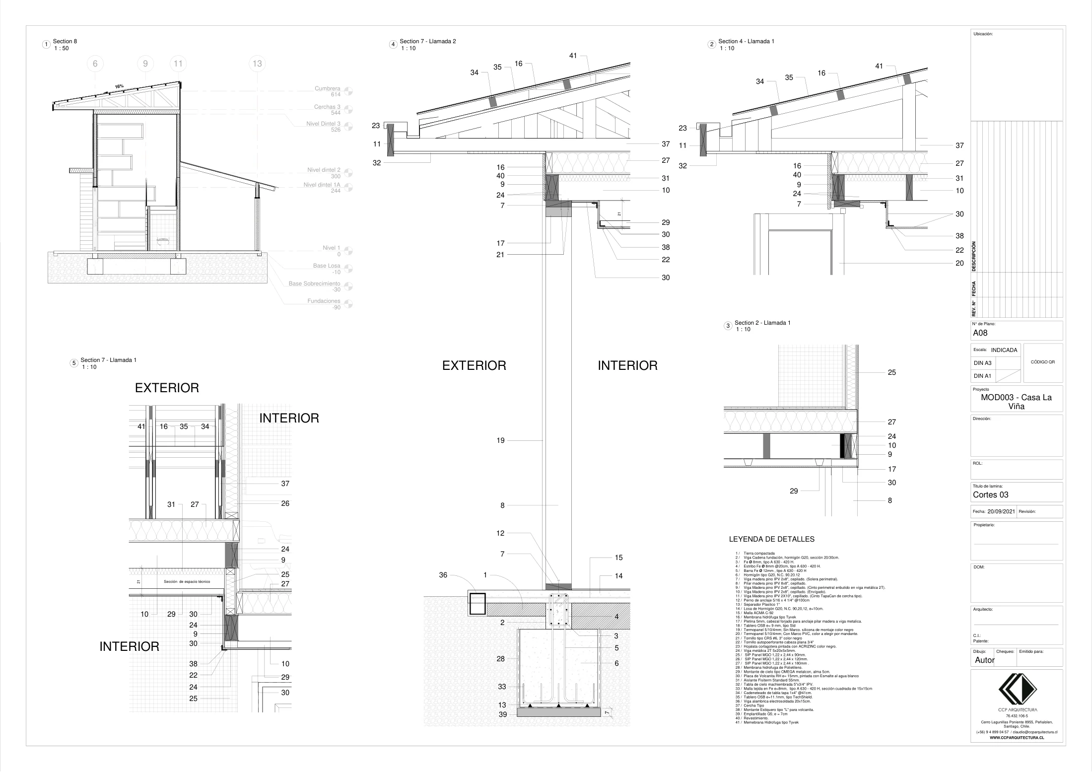 Casa La Viña: cortes 3, dibujo de proyecto sin cotas de CCP Arquitectura