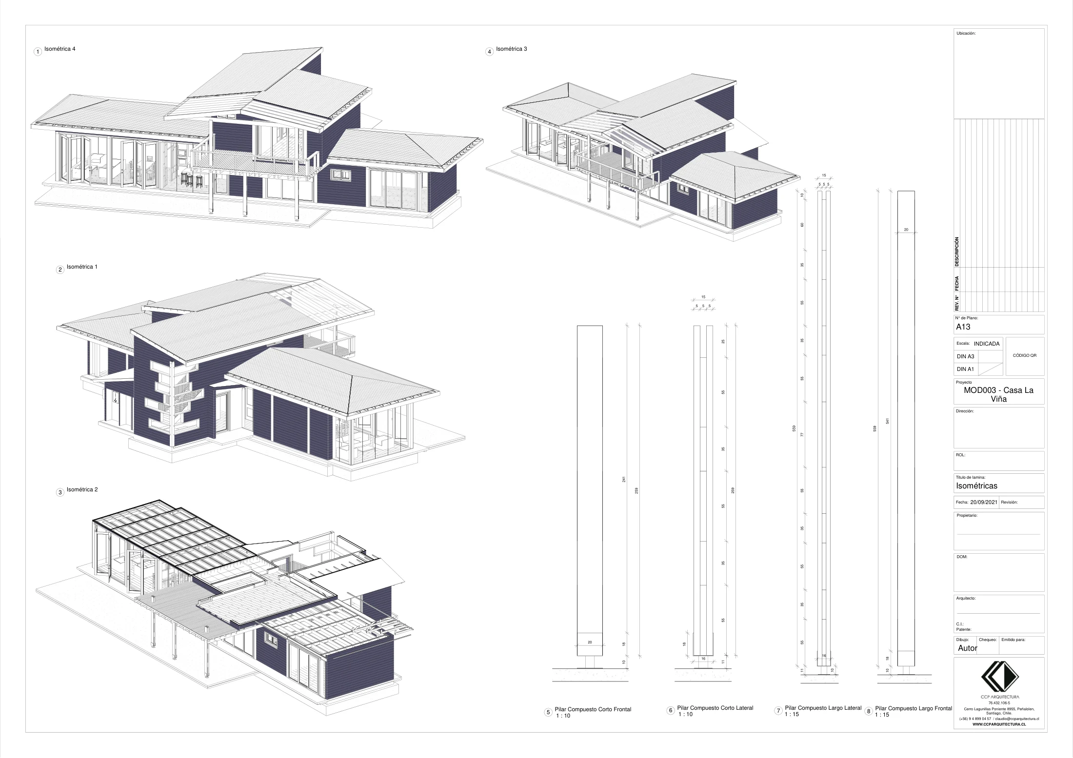 Casa La Viña: isométricas, dibujo de proyecto sin cotas de CCP Arquitectura