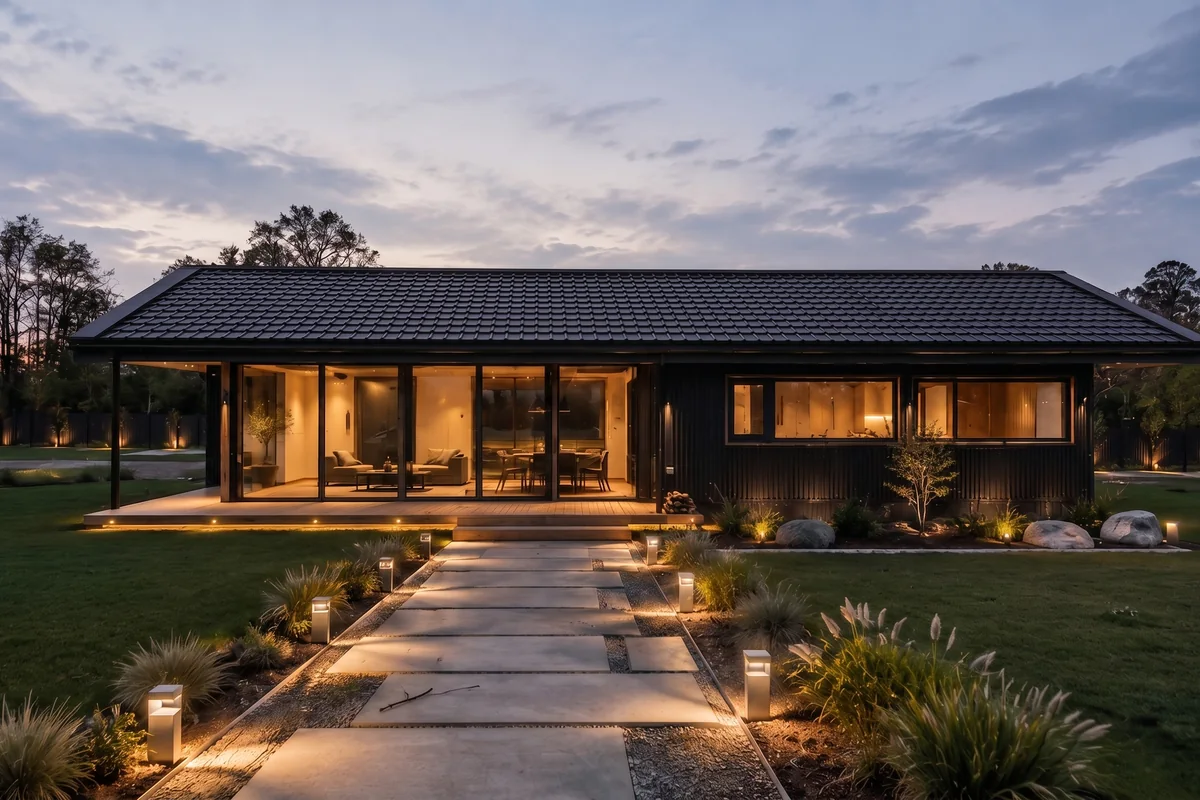 Casa Lircay en Villarrica: fachada iluminada al atardecer con jardín y sendero de acceso, obra de CCP Arquitectura