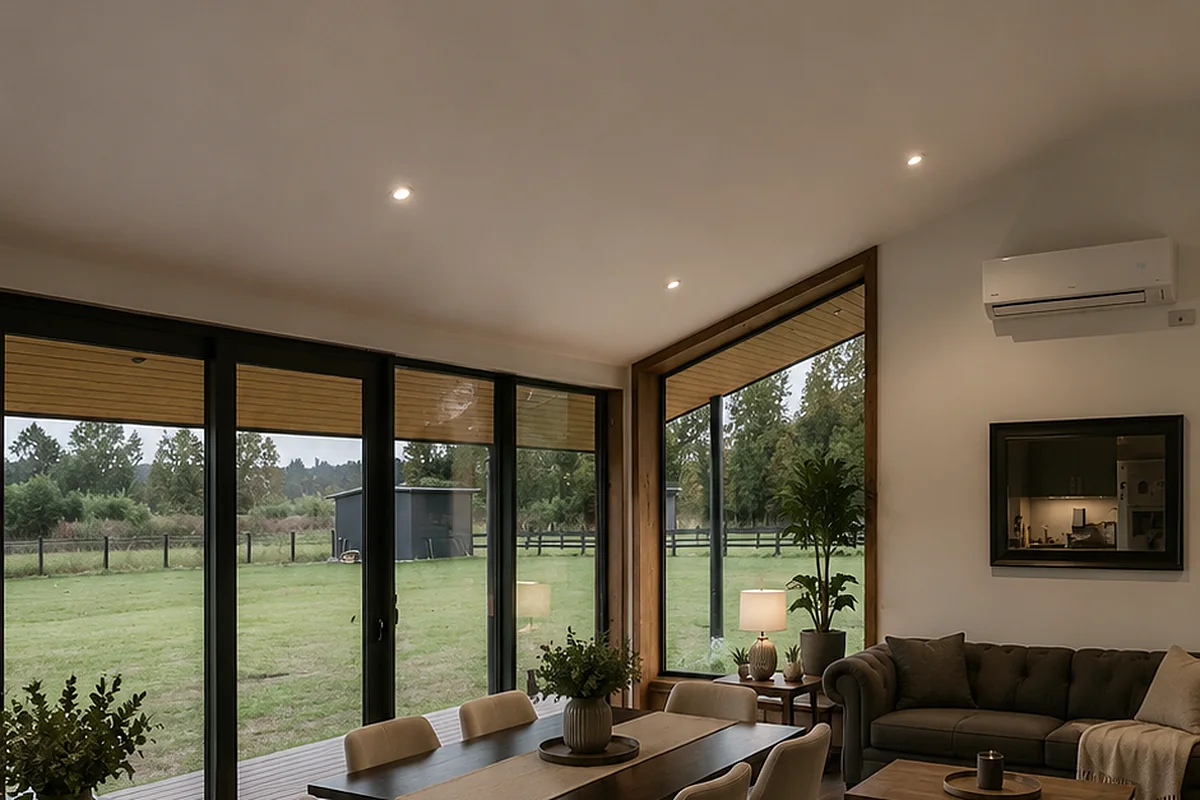 Casa Lircay en Villarrica: comedor y living con ventanal corredera al campo, obra de CCP Arquitectura