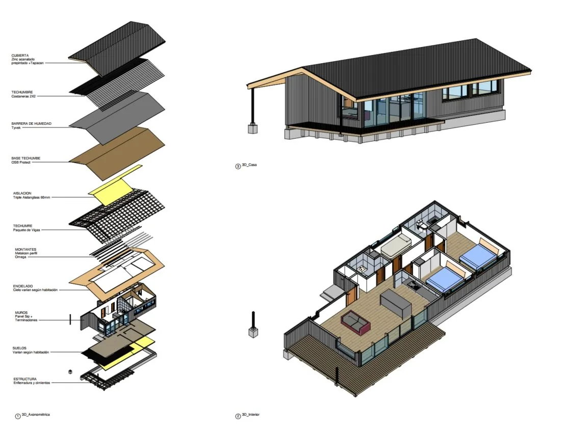 Casa Lircay: axonometría del proyecto, dibujo de CCP Arquitectura en Villarrica