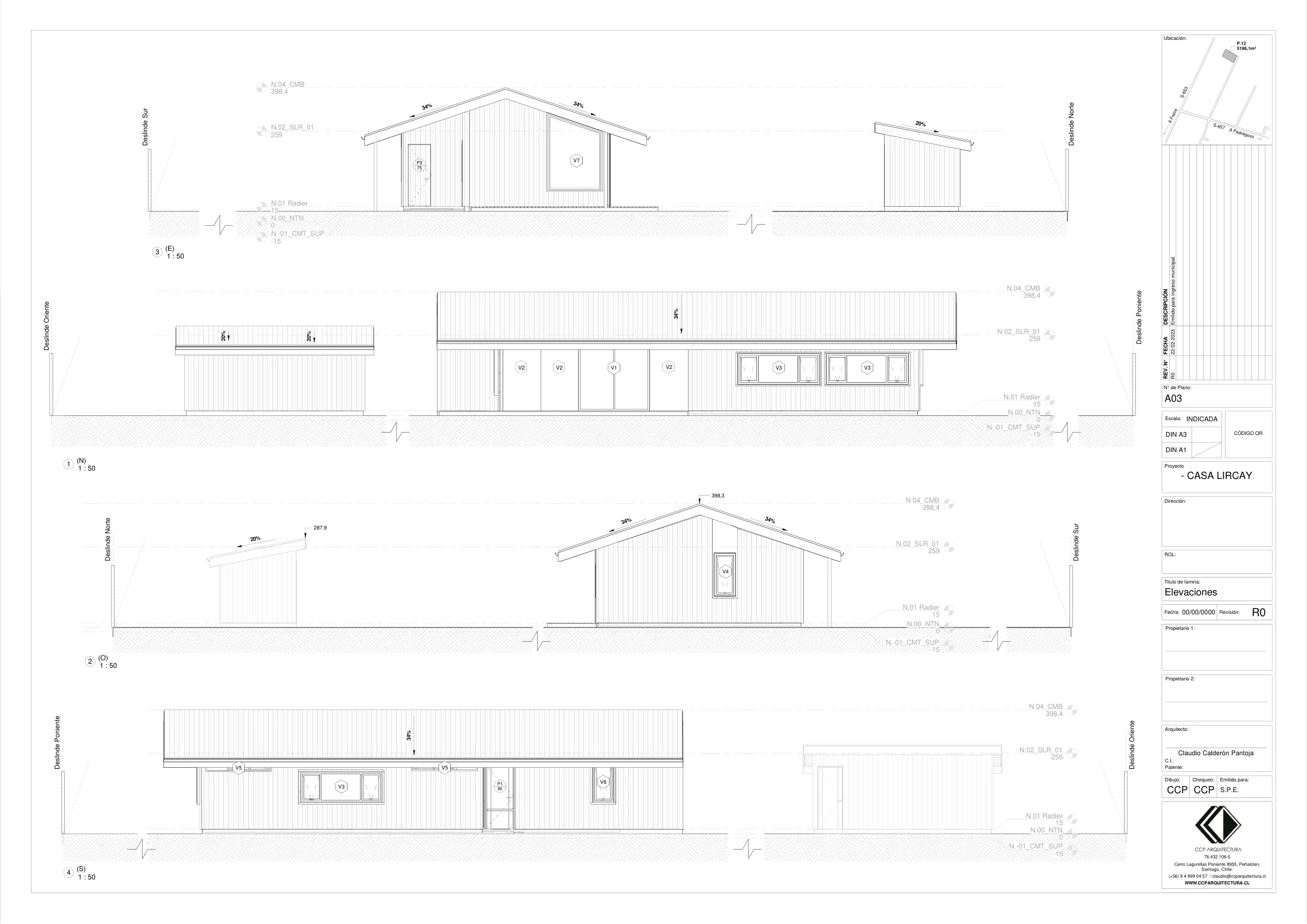 Casa Lircay: elevaciones, dibujo de proyecto sin cotas de CCP Arquitectura