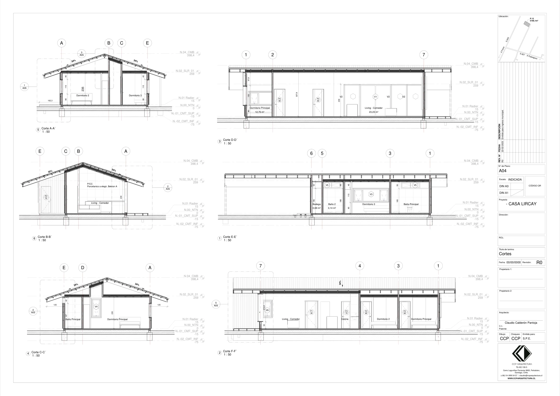 Casa Lircay: cortes, dibujo de proyecto sin cotas de CCP Arquitectura