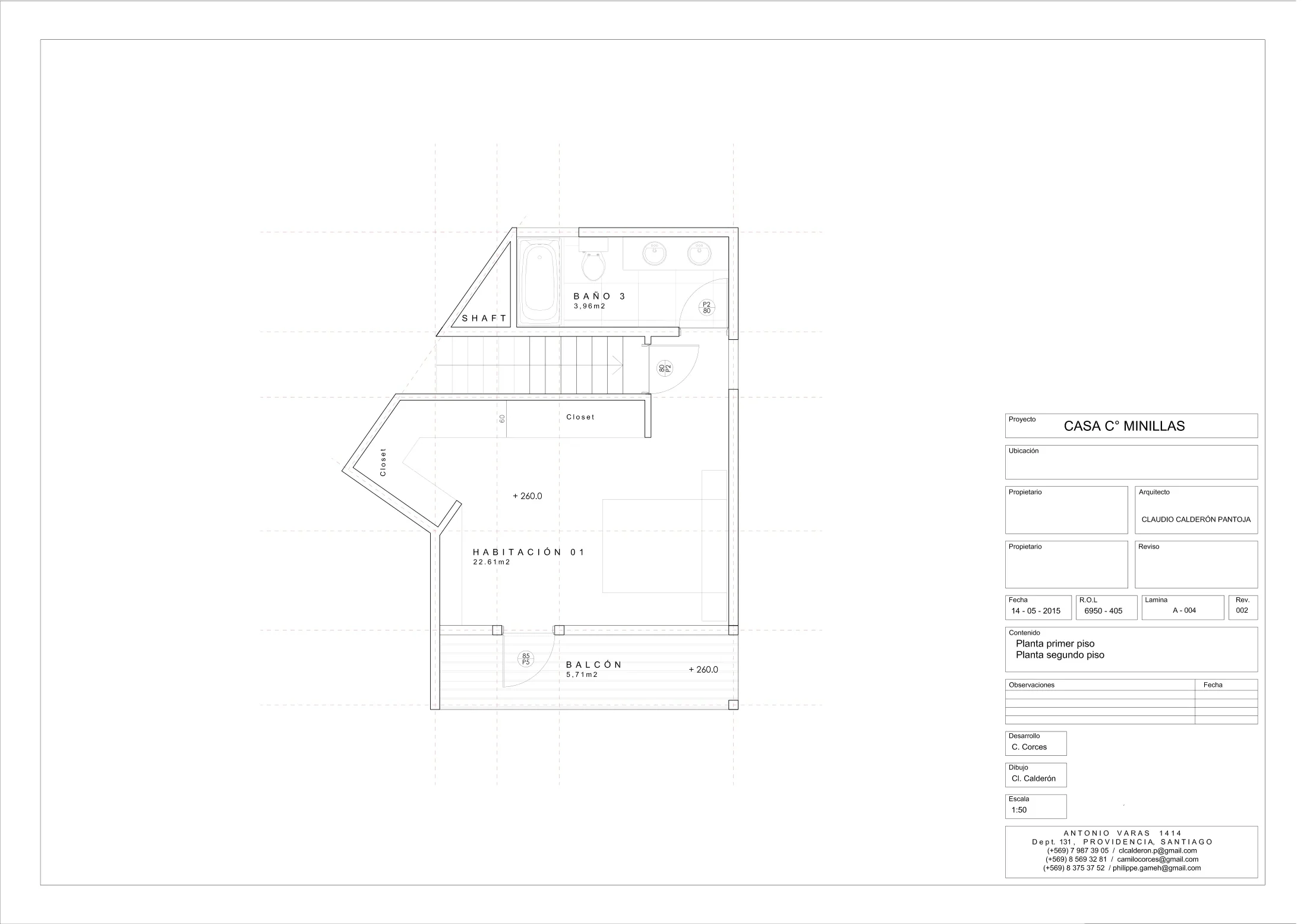 Casa Minillas: planta segundo piso, dibujo de proyecto sin cotas de CCP Arquitectura