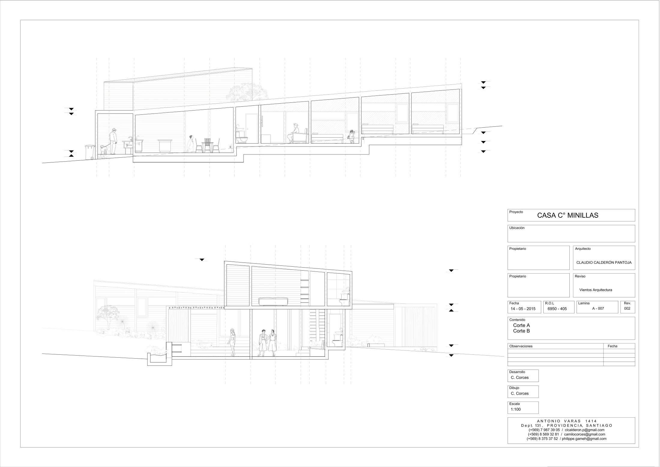 Casa Minillas: cortes, dibujo de proyecto sin cotas de CCP Arquitectura