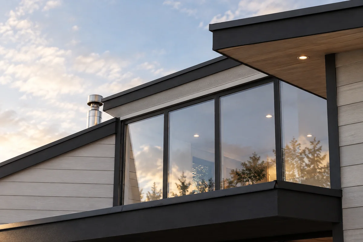 Casa Pitra: volumen de techo inclinado y ventanal continuo al atardecer
