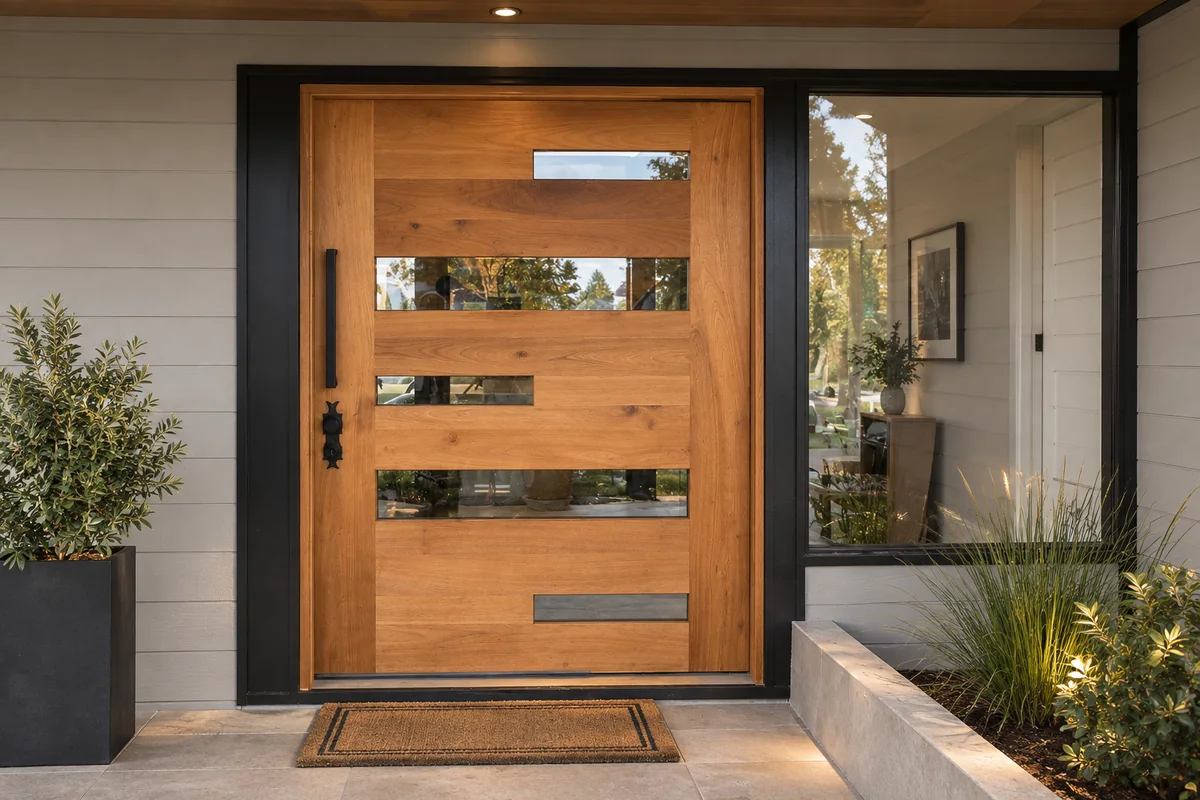 Casa Pitra: puerta de acceso de madera maciza con vidrios horizontales