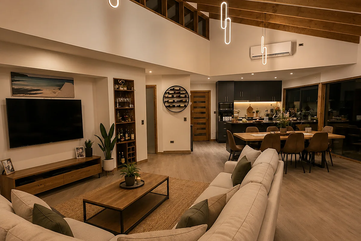 Casa Pitra II en Villarrica: living comedor de doble altura abierto a la cocina, obra de CCP Arquitectura